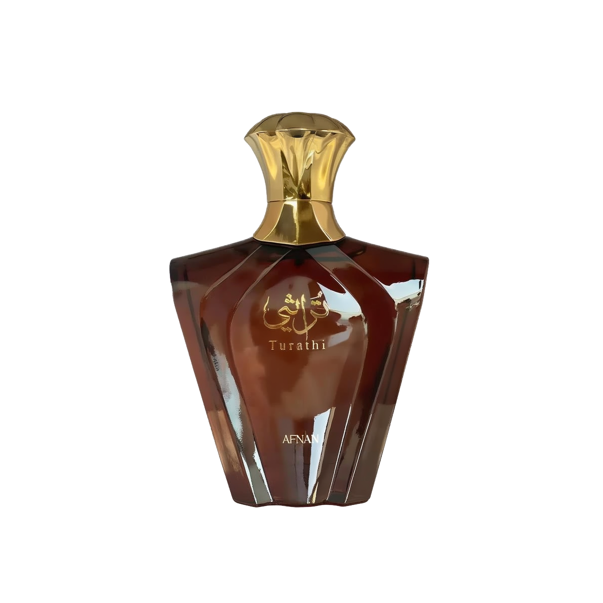 The image shows a perfume bottle with a unique geometric design. The bottle is a rich brown color with a reflective surface, giving it a glossy appearance. The cap is golden and shaped like an inverted cup, adding to the luxurious look of the bottle. On the front, there is Arabic calligraphy in gold, along with the word "Turathi" below it, suggesting the name or brand of the perfume. The word "AFNAN" is also visible at the bottom front of the bottle, indicating the manufacturer or designer of the perfume. 