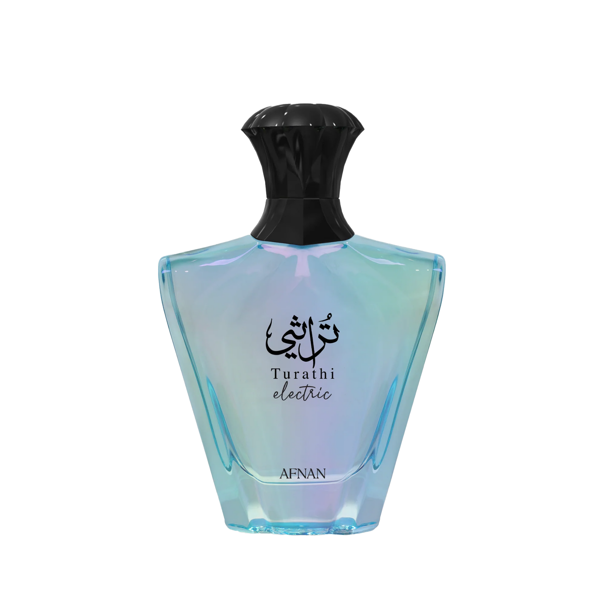 Iridescent blue perfume bottle with black cap and Turathi Electric Afnan branding on front.