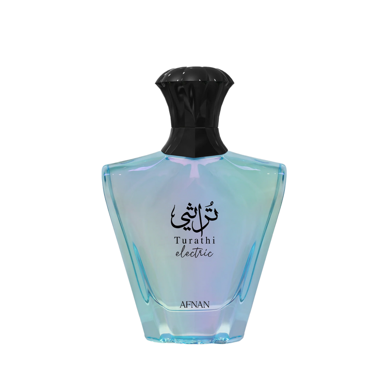 Iridescent blue perfume bottle with black cap and Turathi Electric Afnan branding on front.