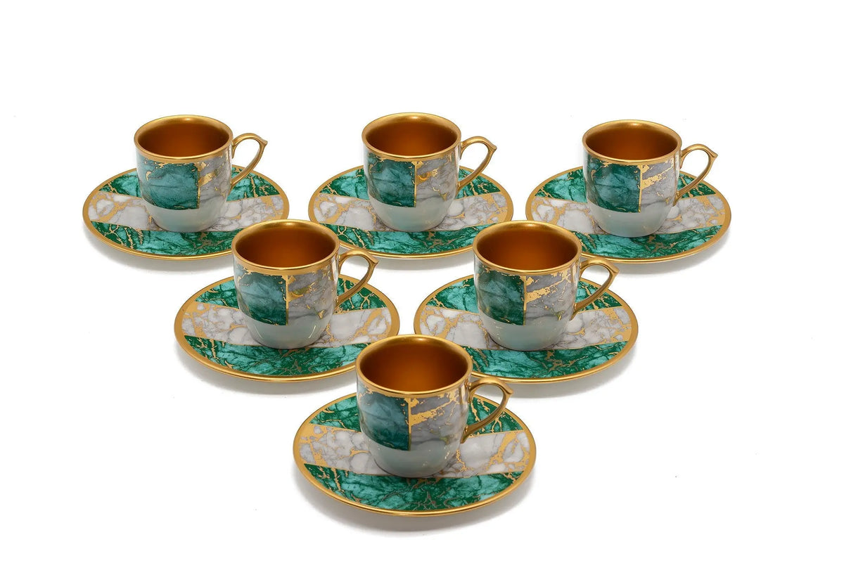 Turkish Coffee Set Marble Turquoise Gold Rim 12 Pcs - Armani Gallery