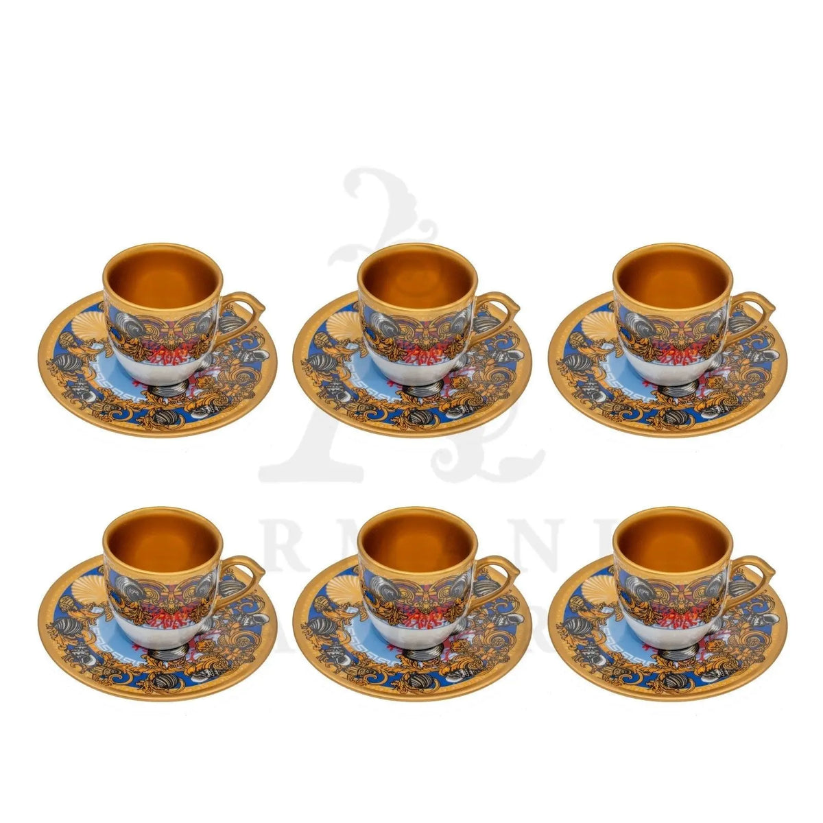 Turkish Coffee Set Sea Shell Blue and Gold 12 Pcs - Armani Gallery