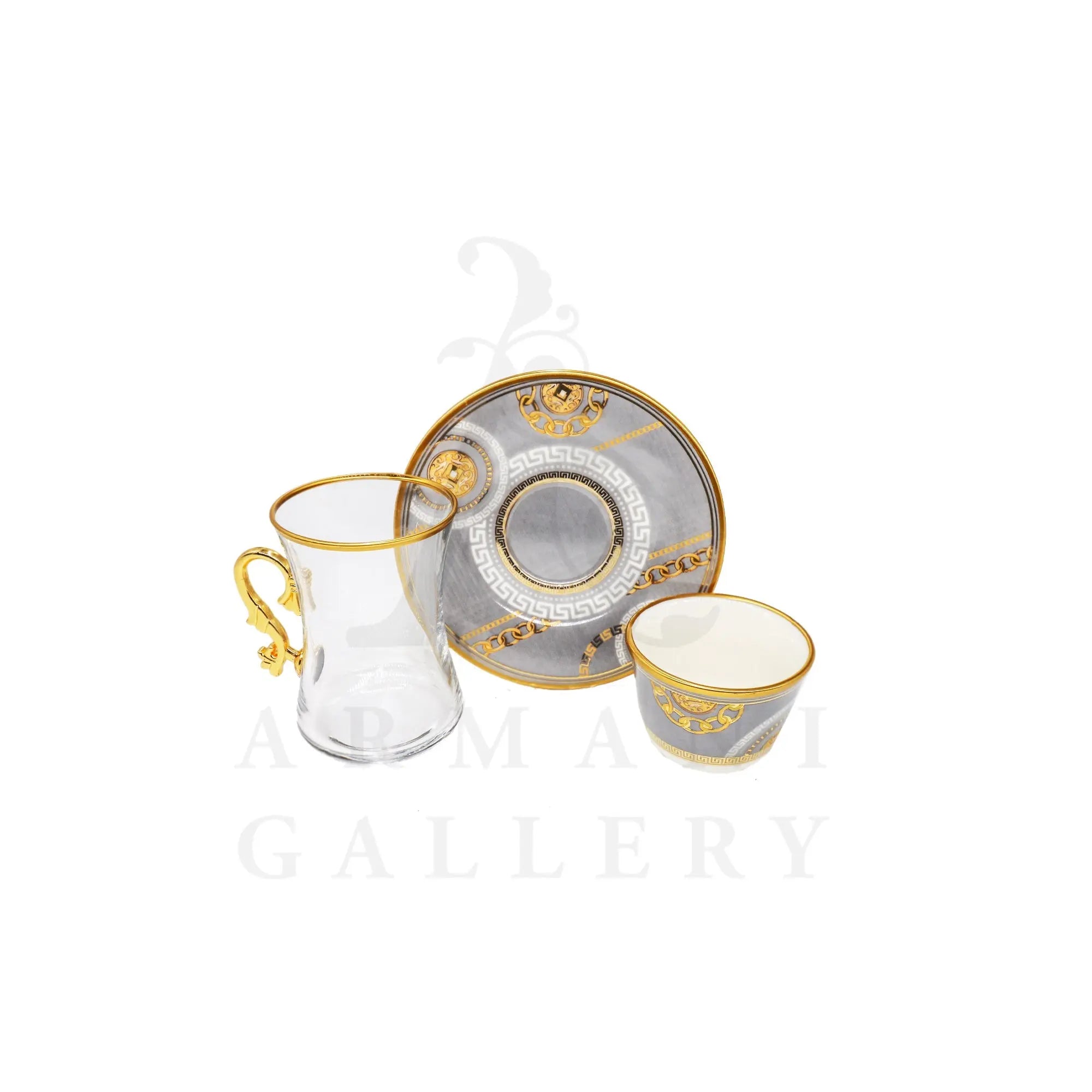 Turkish Coffee and Tea Cup Set Grey Circle Gold Pattern 18 Pcs - Armani Gallery