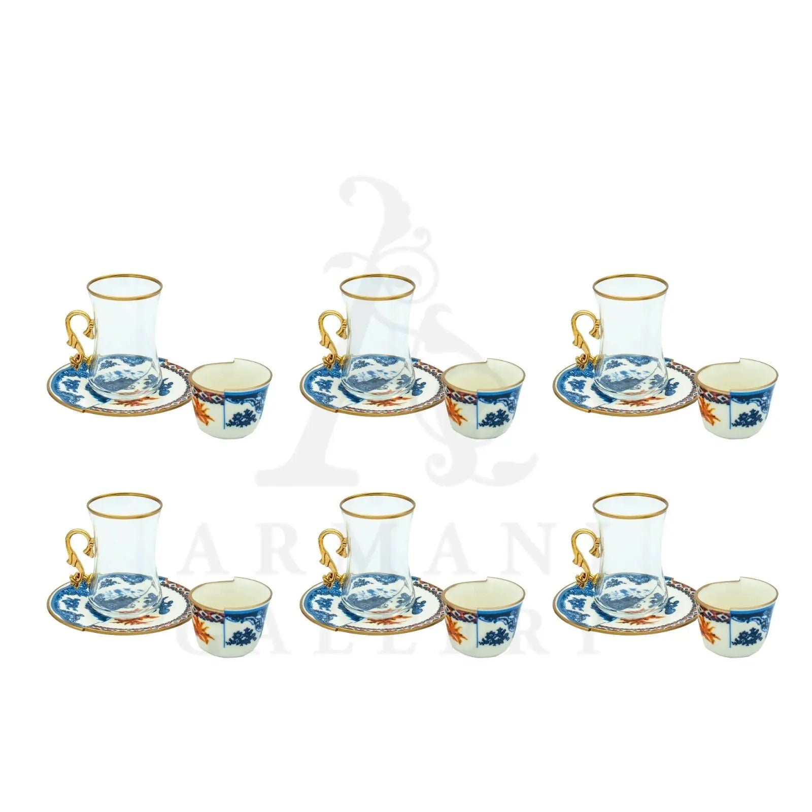 Turkish Coffee and Tea Cup With Handle Set Orange and Blue Fish 18 Pcs - Armani Gallery