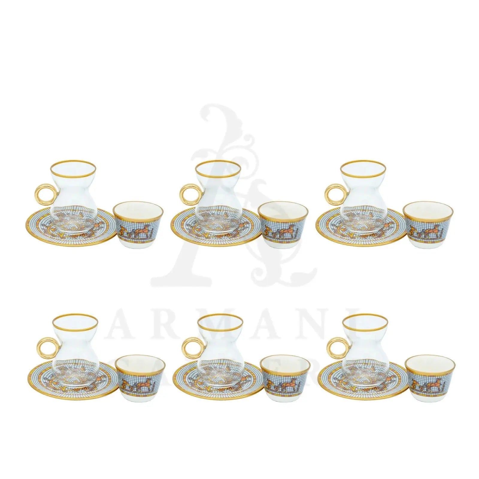 Turkish Coffee and Tea Set Hermes Horse Grey and Gold 18 Pcs - Armani Gallery