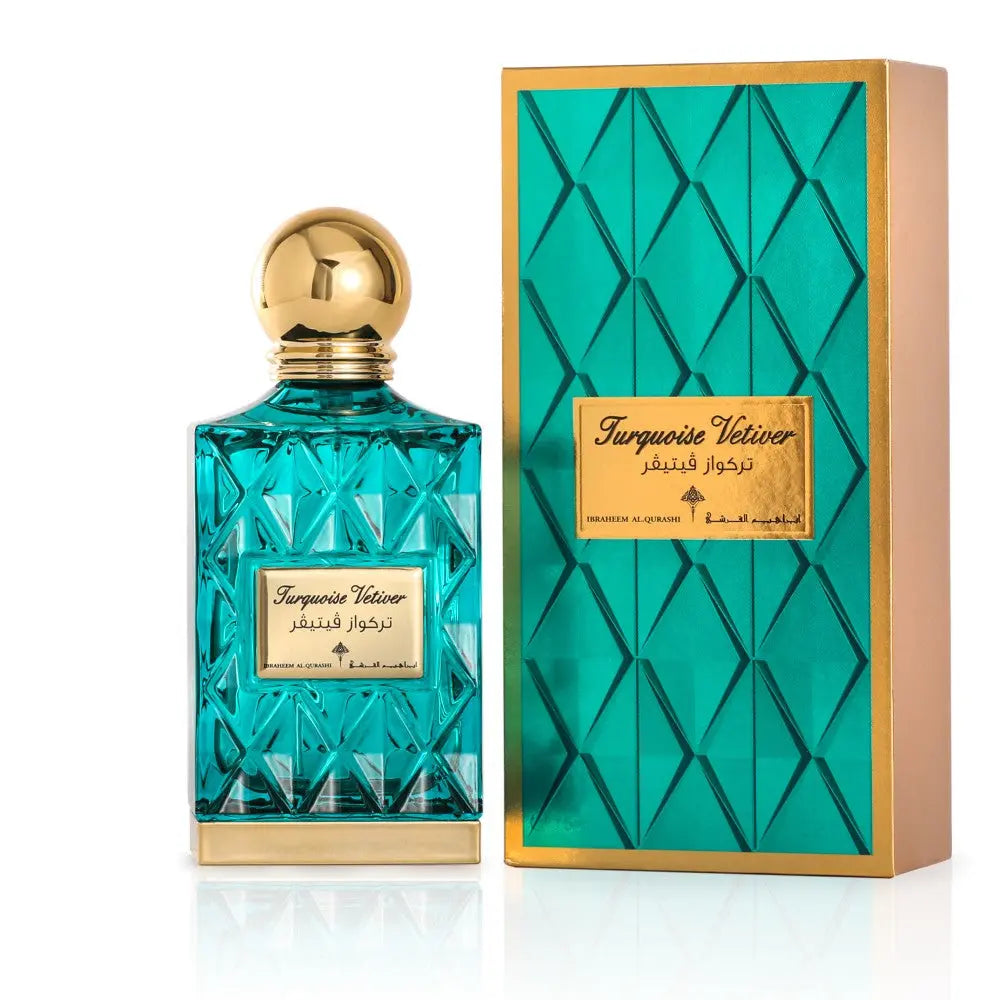 A luxurious turquoise perfume bottle with a faceted design and a golden cap, next to its complementary golden and turquoise packaging box. The box and bottle both feature the label 'Turquoise Vetiver' in elegant lettering, with Arabic script beneath it. The brand name 'IBRAHEEM AL.QURASHI' is also displayed, suggesting a premium fragrance product.