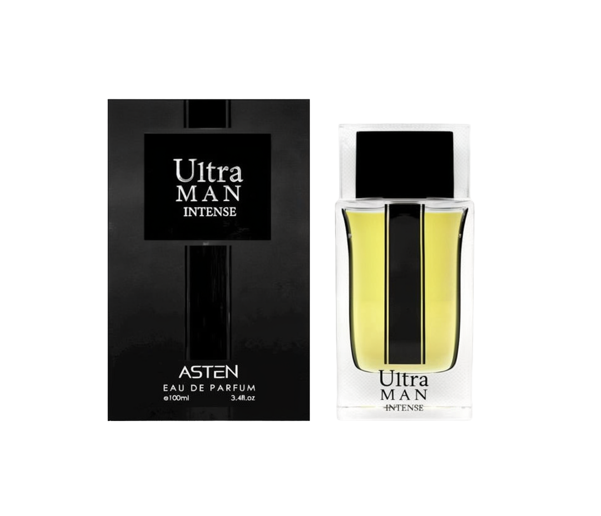 A black rectangular box labeled “Ultra Man Intense” by Asten, shown alongside a clear rectangular bottle filled with pale yellow fragrance and featuring a bold black center stripe. The bottle is also labeled “Ultra Man Intense” and indicates it is an Eau De Parfum (100 ml).