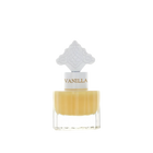The image features a clear glass bottle with a yellow-colored liquid, suggestive of a vanilla-scented product. The bottle has a white cap with the word "VANILLA" printed on it in a color that complements the liquid. Atop the cap is a decorative white design with an intricate pattern, possibly inspired by Middle Eastern or Islamic art. The aesthetic of the bottle suggests an elegant fragrance, likely a special vanilla musk formulated for hair.