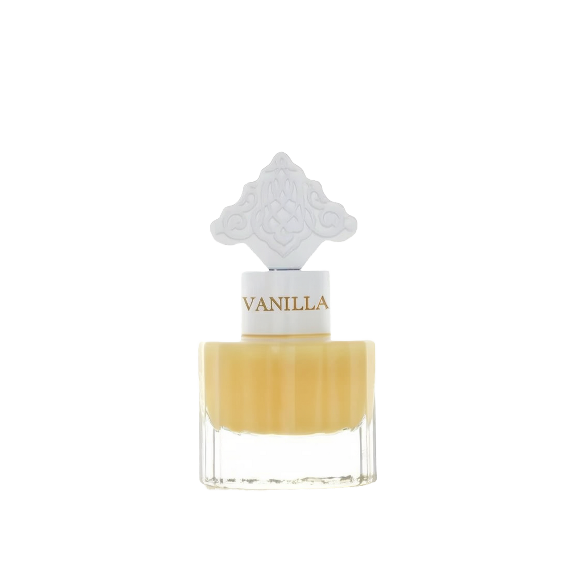 The image features a clear glass bottle with a yellow-colored liquid, suggestive of a vanilla-scented product. The bottle has a white cap with the word "VANILLA" printed on it in a color that complements the liquid. Atop the cap is a decorative white design with an intricate pattern, possibly inspired by Middle Eastern or Islamic art. The aesthetic of the bottle suggests an elegant fragrance, likely a special vanilla musk formulated for hair.