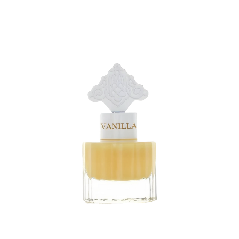 The image features a clear glass bottle with a yellow-colored liquid, suggestive of a vanilla-scented product. The bottle has a white cap with the word "VANILLA" printed on it in a color that complements the liquid. Atop the cap is a decorative white design with an intricate pattern, possibly inspired by Middle Eastern or Islamic art. The aesthetic of the bottle suggests an elegant fragrance, likely a special vanilla musk formulated for hair.