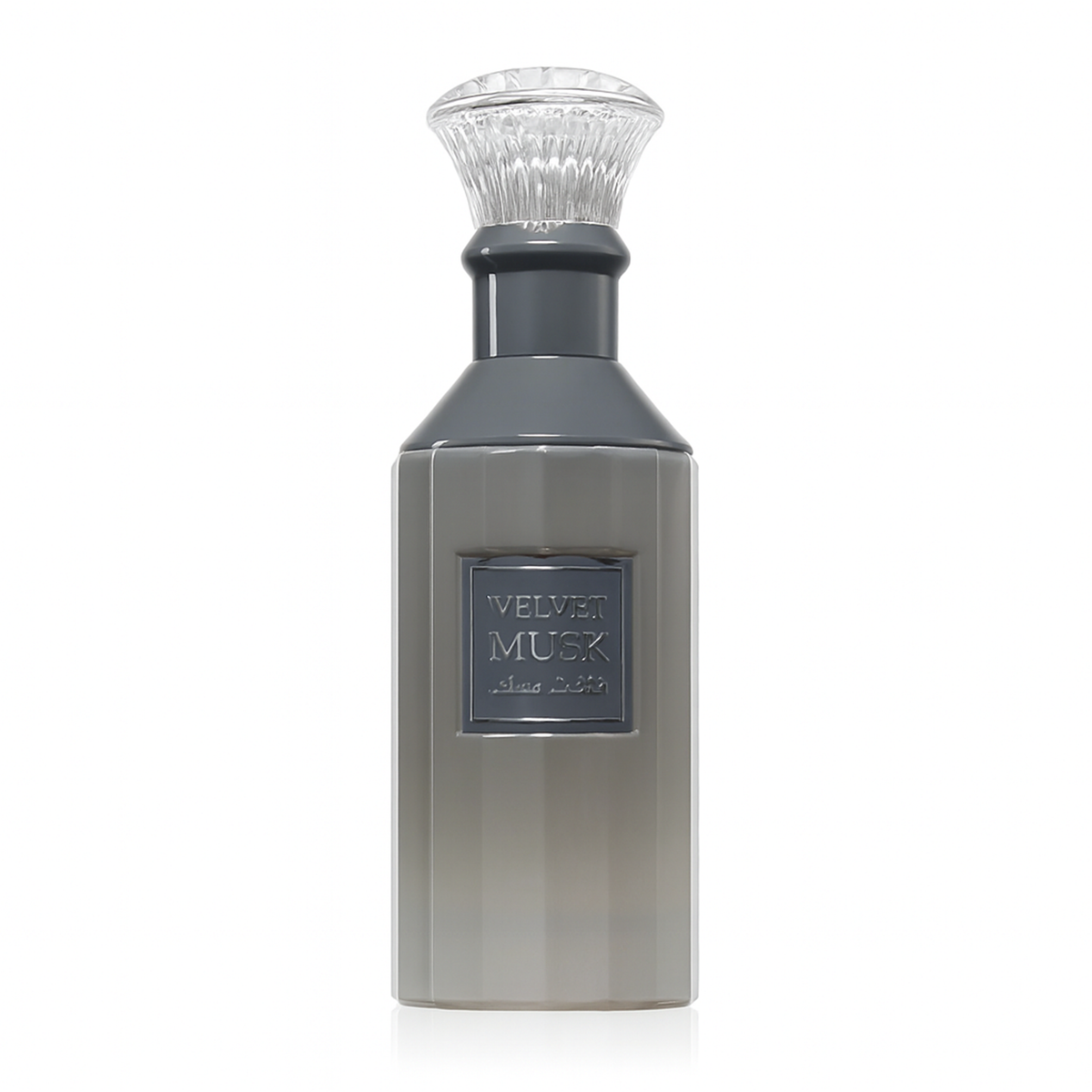 Velvet Musk perfume in a sleek grey bottle with clear textured cap and silver label.