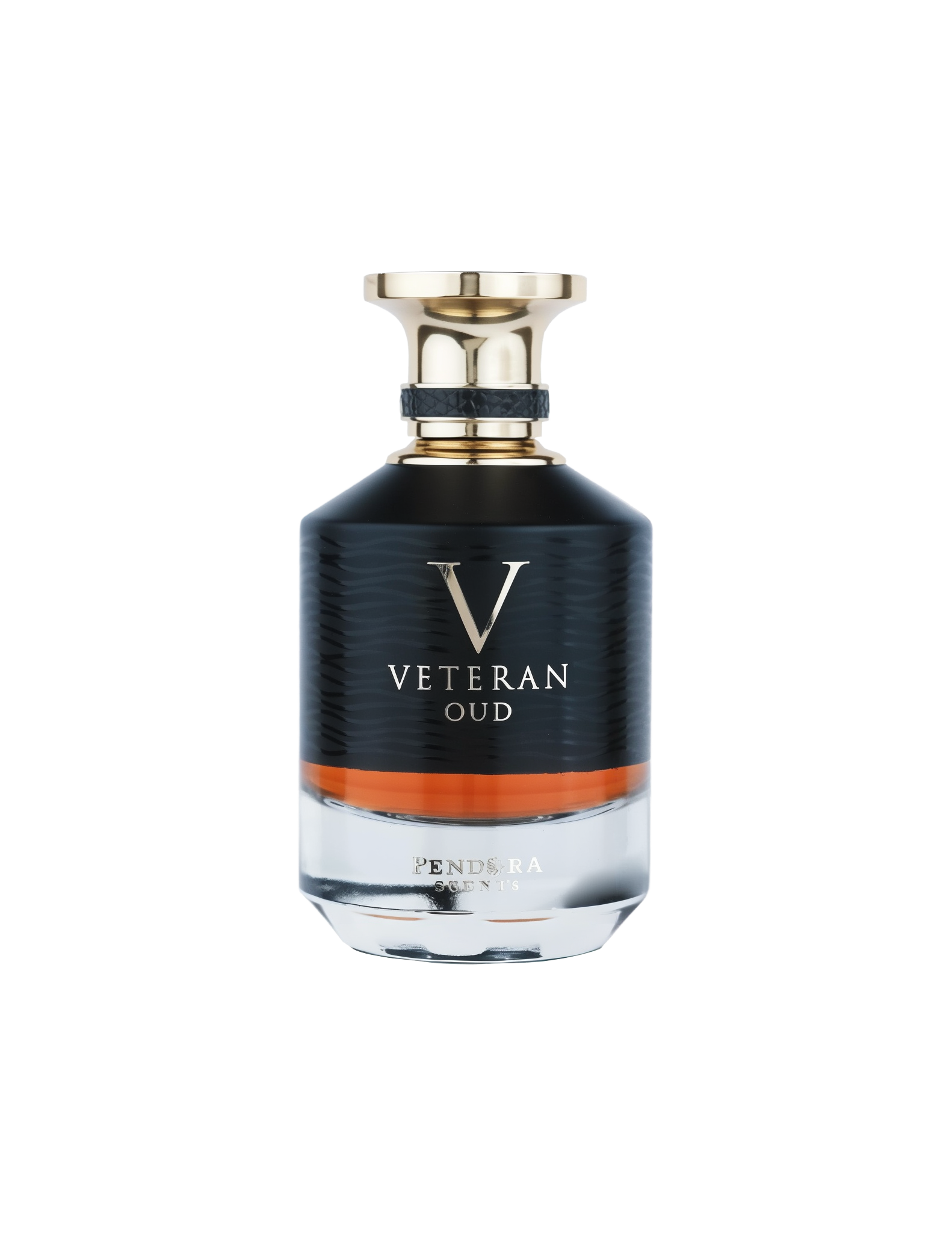 A bottle of "Veteran Oud" by Pendora Scents. The bottle has a sleek and modern design, with a black upper half and a clear glass bottom that reveals an amber-colored fragrance. The bottle features a golden cap with a wide, polished base and a black textur