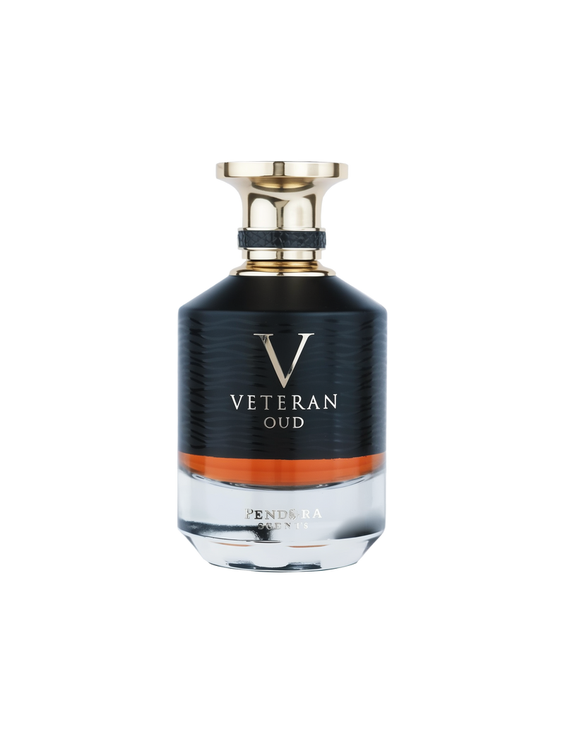 A bottle of "Veteran Oud" by Pendora Scents. The bottle has a sleek and modern design, with a black upper half and a clear glass bottom that reveals an amber-colored fragrance. The bottle features a golden cap with a wide, polished base and a black textur