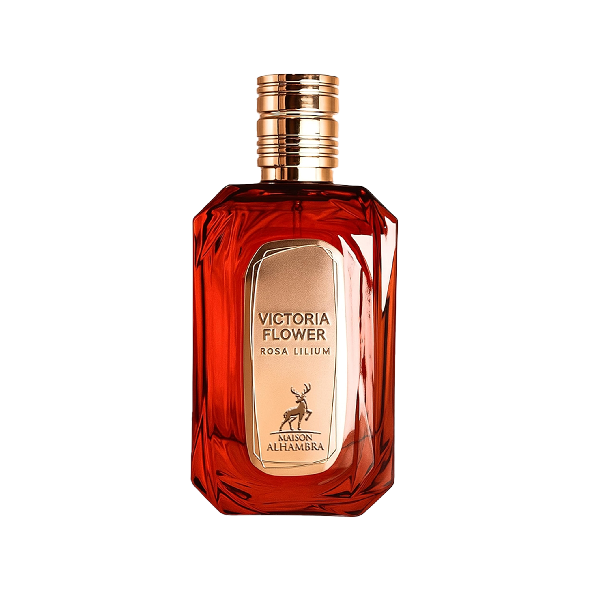 Maison Alhambra Victoria Flower Rosa Lilium perfume bottle in red glass with gold label and cap.