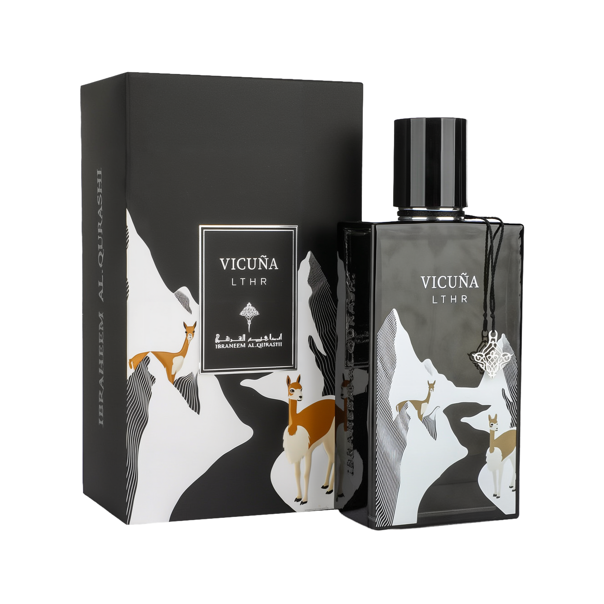 A refined bottle of Vicuña LTHR Eau De Parfum by Ibraheem Al-Qurashi, shown with its matching box. The design features a mountainous landscape in black and white with illustrated vicuñas — elegant camelids native to South America — in shades of brown and cream. The black bottle has a glossy finish, a round black cap, and is adorned with a silver ornamental charm hanging from the neck. The product name 'VICUÑA LTHR' is displayed in white on both the bottle and the box.