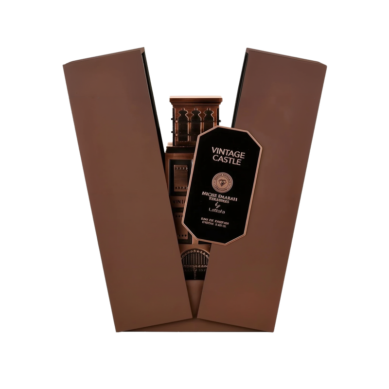 The same 'Vintage Castle' perfume bottle is displayed, partially revealed from its dark brown box with an angular opening. The bottle continues to resemble a vintage castle with detailed architectural elements, and the packaging has the same gold and blac