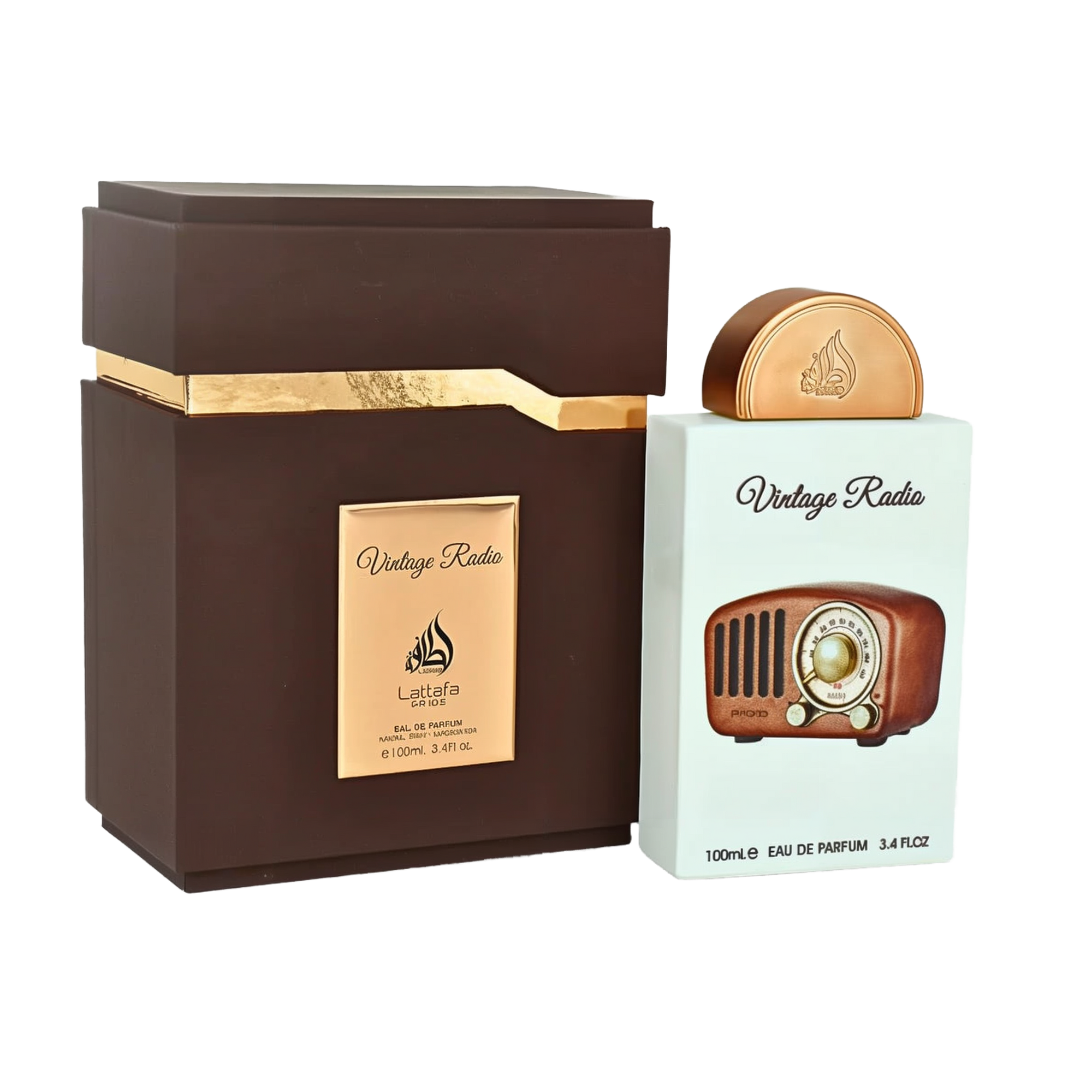 The image shows a perfume bottle and packaging from Lattafa Pride, branded as "Vintage Radio." The perfume bottle is designed to resemble a classic vintage radio, complete with a detailed front panel featuring dials and speaker grilles in a bronze finish.