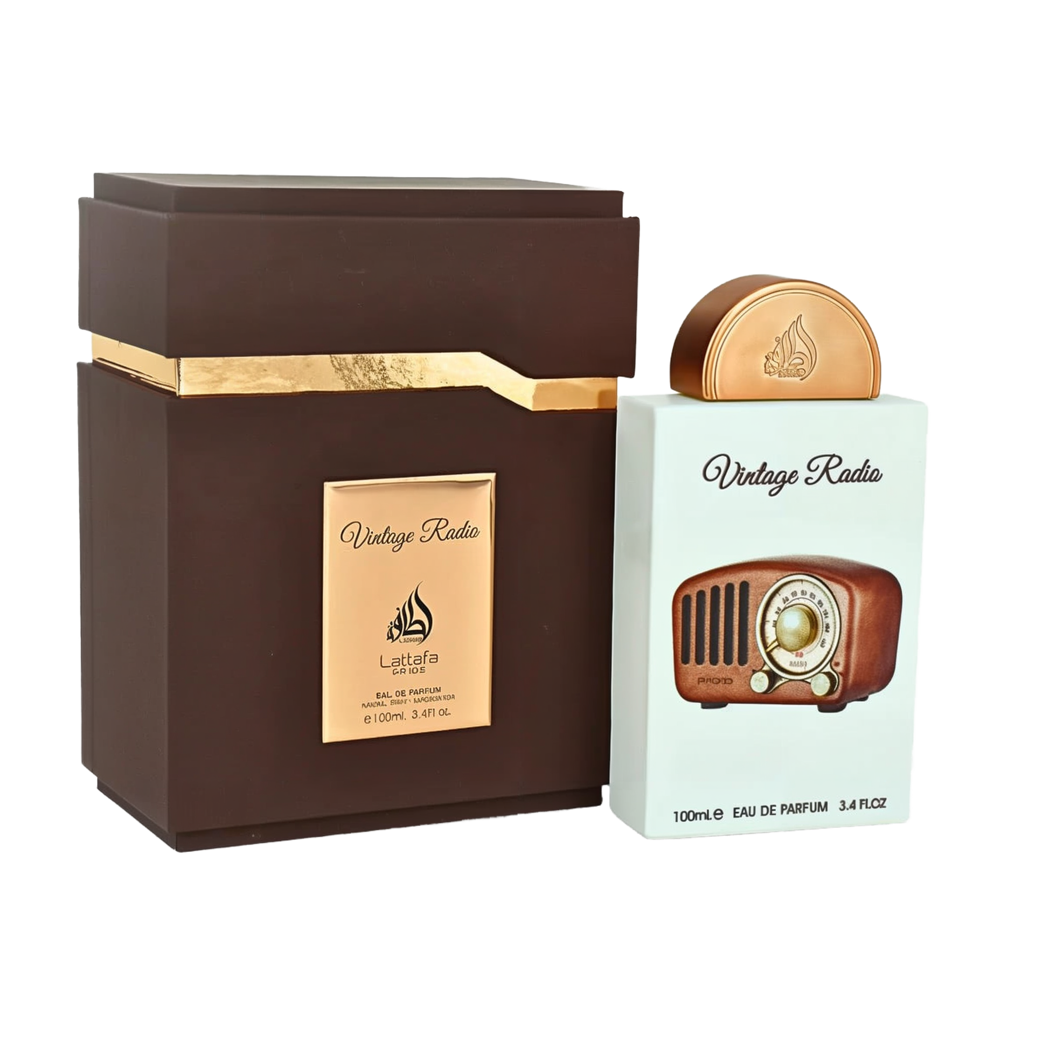 The image shows a perfume bottle and packaging from Lattafa Pride, branded as "Vintage Radio." The perfume bottle is designed to resemble a classic vintage radio, complete with a detailed front panel featuring dials and speaker grilles in a bronze finish.