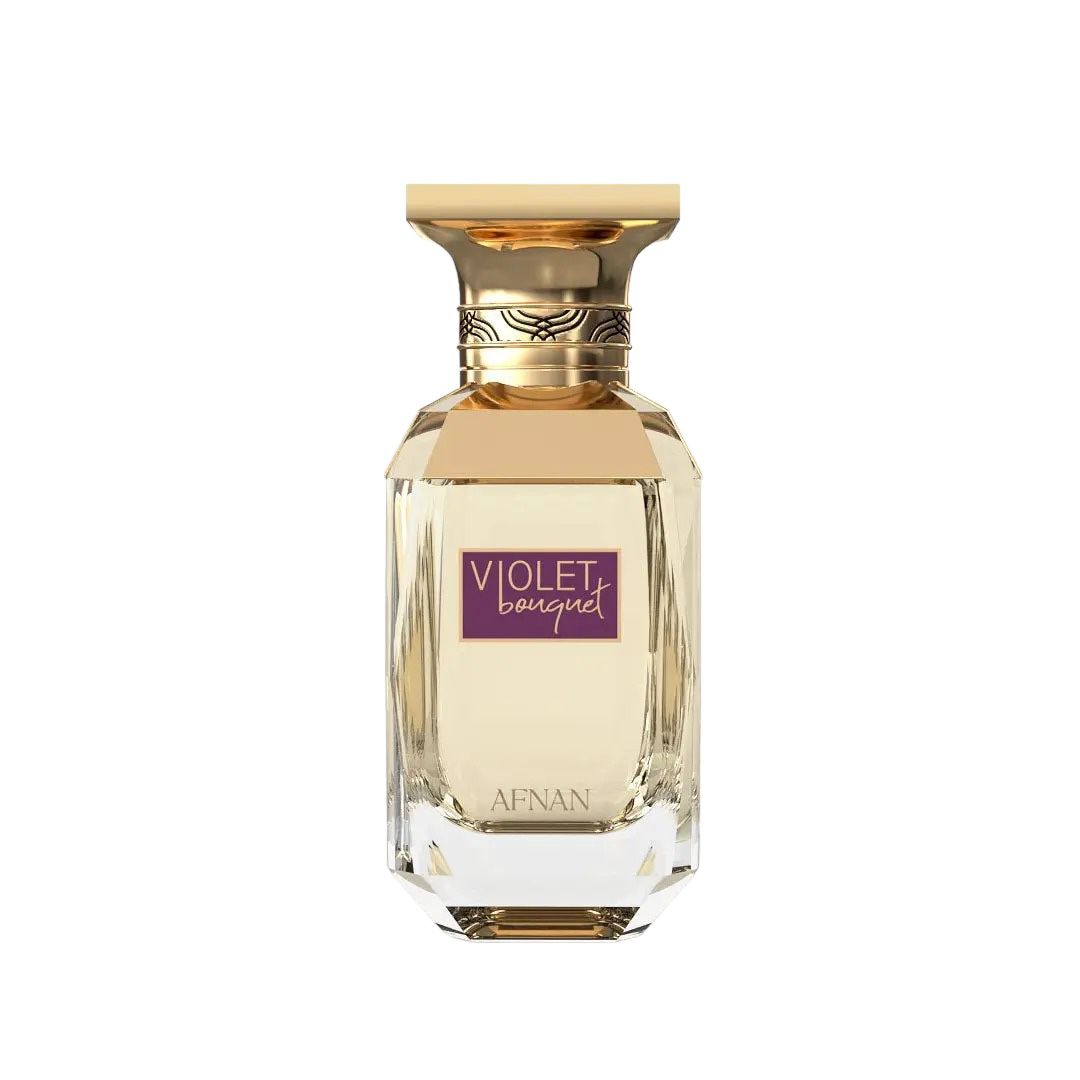 The image displays a perfume bottle with a clear glass and gold accents. The bottle has a geometric shape with a multi-faceted base, creating a crystal-like appearance. The cap is gold with a decorative band that features a braided pattern. A purple label on the bottle reads "VIOLET BOUQUET" in white uppercase letters, and the brand name "AFNAN" is displayed at the bottom of the label in smaller text. 