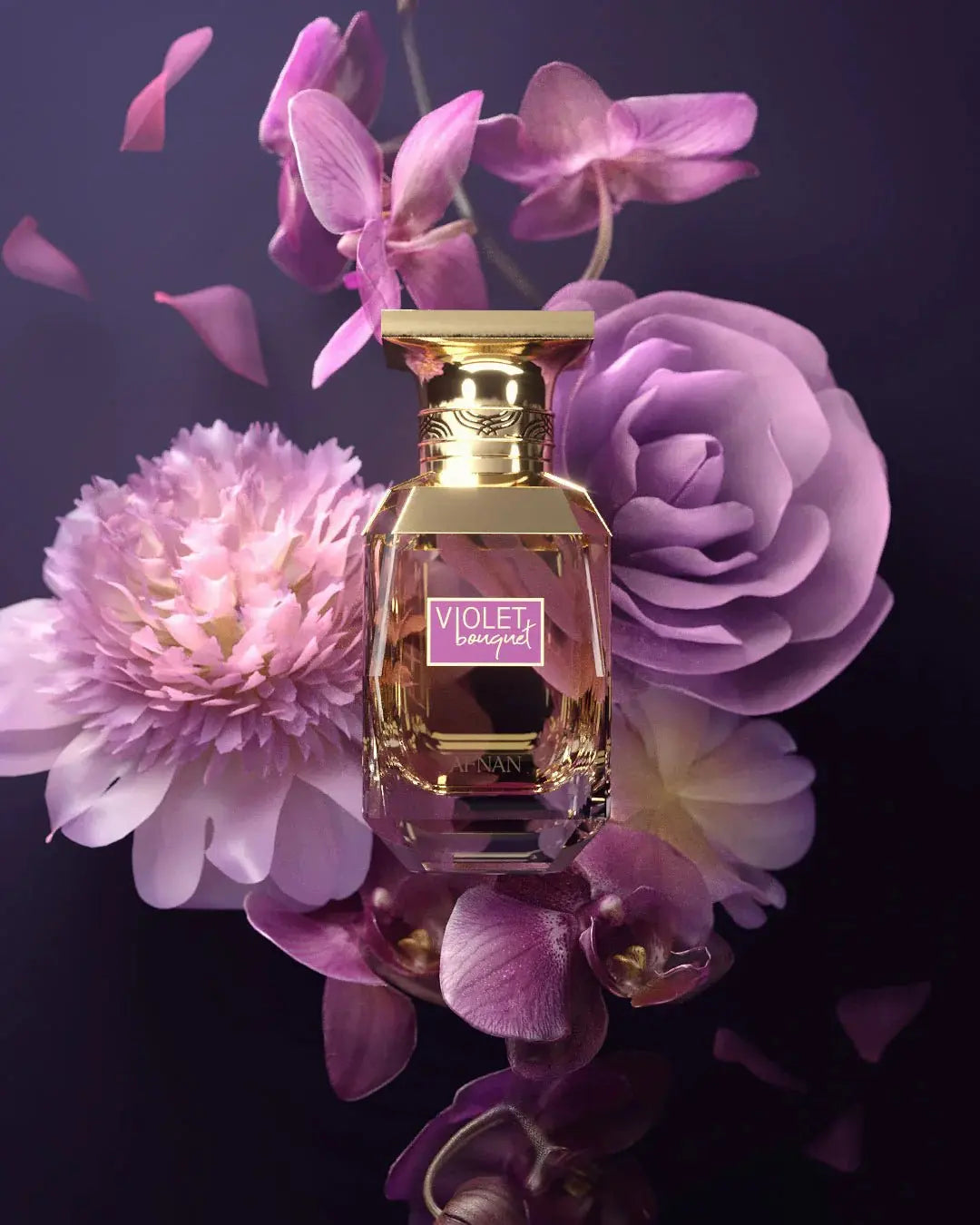 The image showcases a perfume bottle amidst an arrangement of purple flowers on a dark background. The bottle has a clear glass design with geometric faceting at the base, a polished gold cap, and a braided gold band around the neck. A purple label on the bottle displays "VIOLET BOUQUET" in white text, with the brand name "AFNAN" just below it.