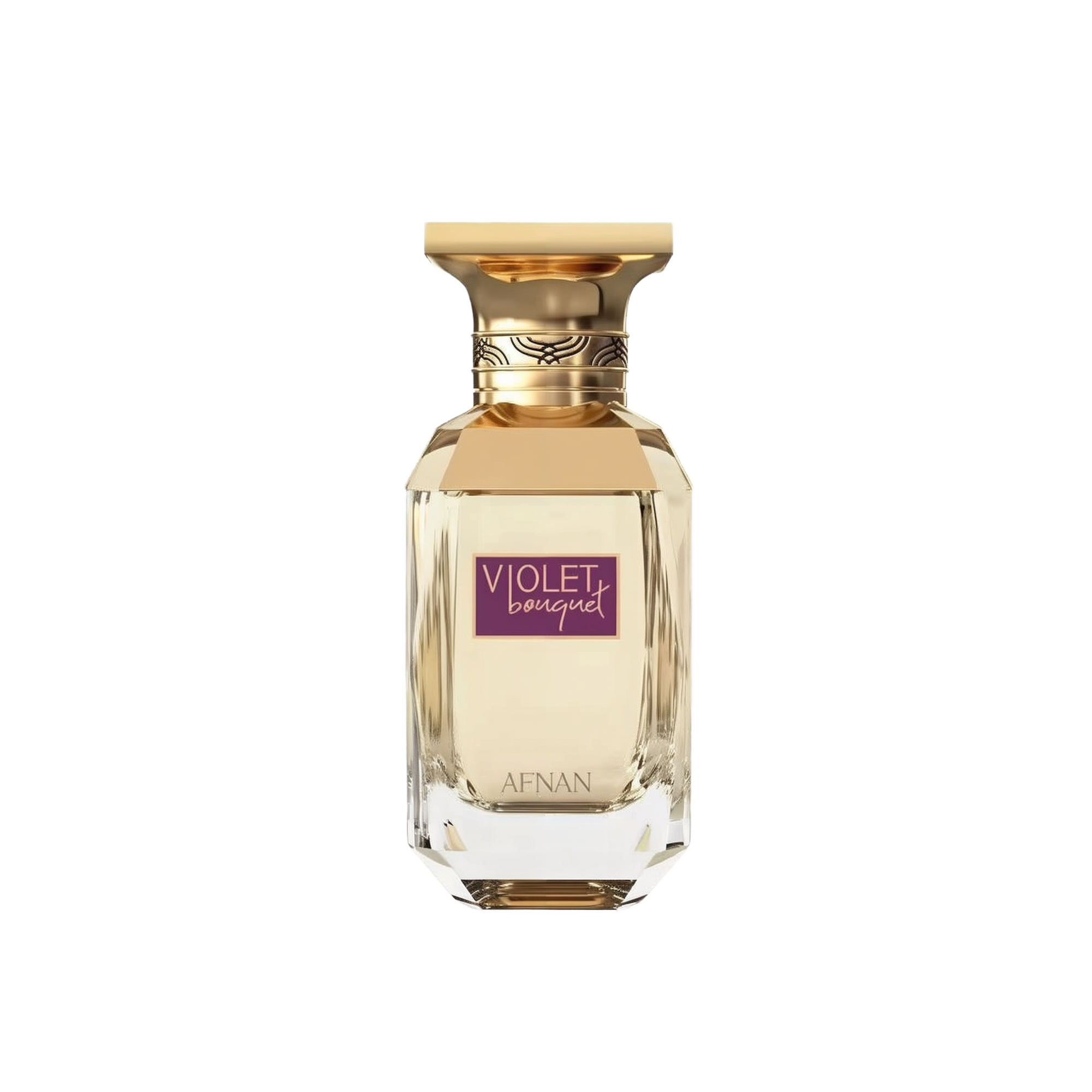 The image displays a perfume bottle with a clear glass and gold accents. The bottle has a geometric shape with a multi-faceted base, creating a crystal-like appearance. The cap is gold with a decorative band that features a braided pattern. A purple label on the bottle reads "VIOLET BOUQUET" in white uppercase letters, and the brand name "AFNAN" is displayed at the bottom of the label in smaller text. 
