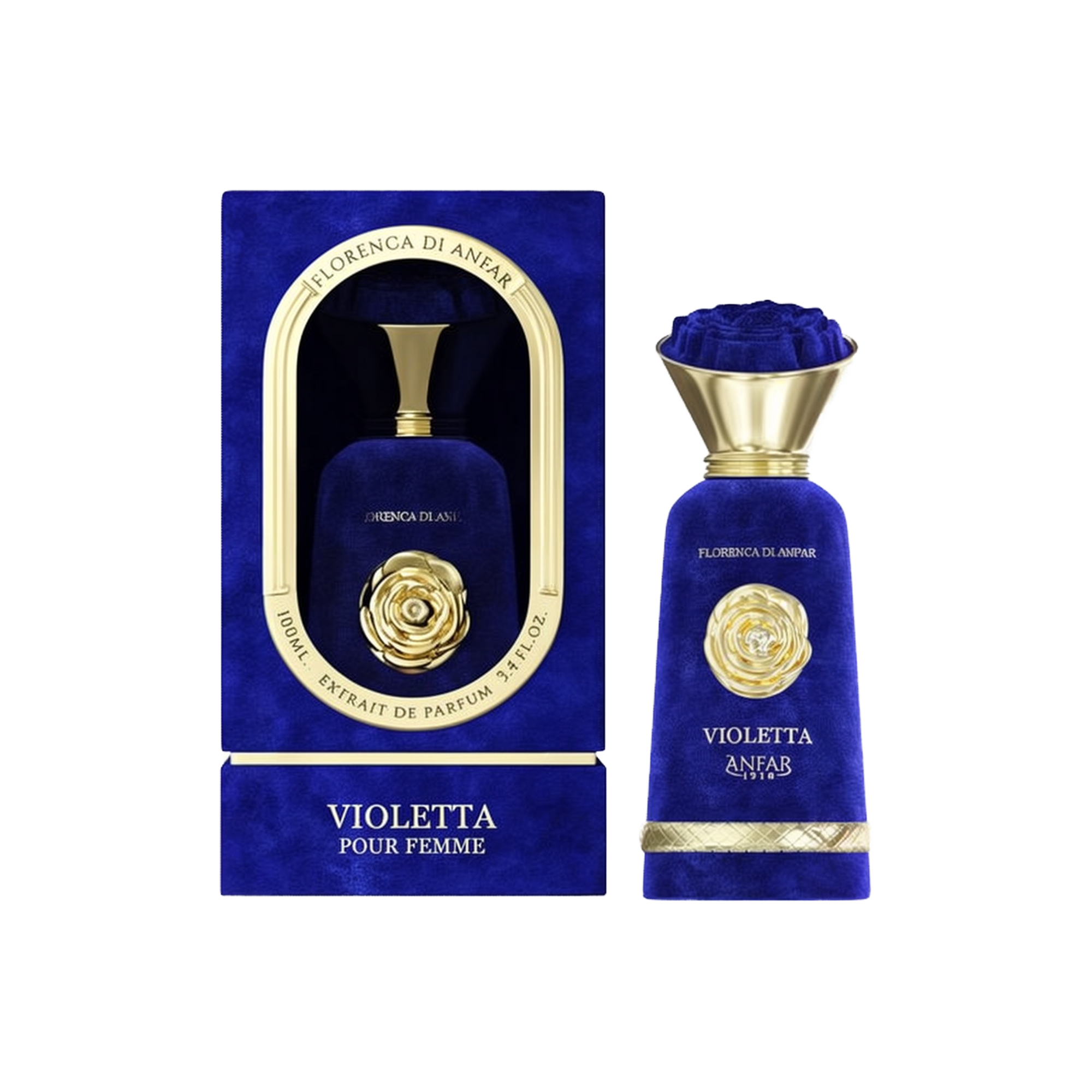 The image displays the "Violetta Pour Femme Extrait De Parfum" from the "Florenca Di Anfar" collection. The perfume bottle has a luxurious, deep blue velvet finish and is adorned with a golden rose emblem on the front. It features a gold, flared cap with 