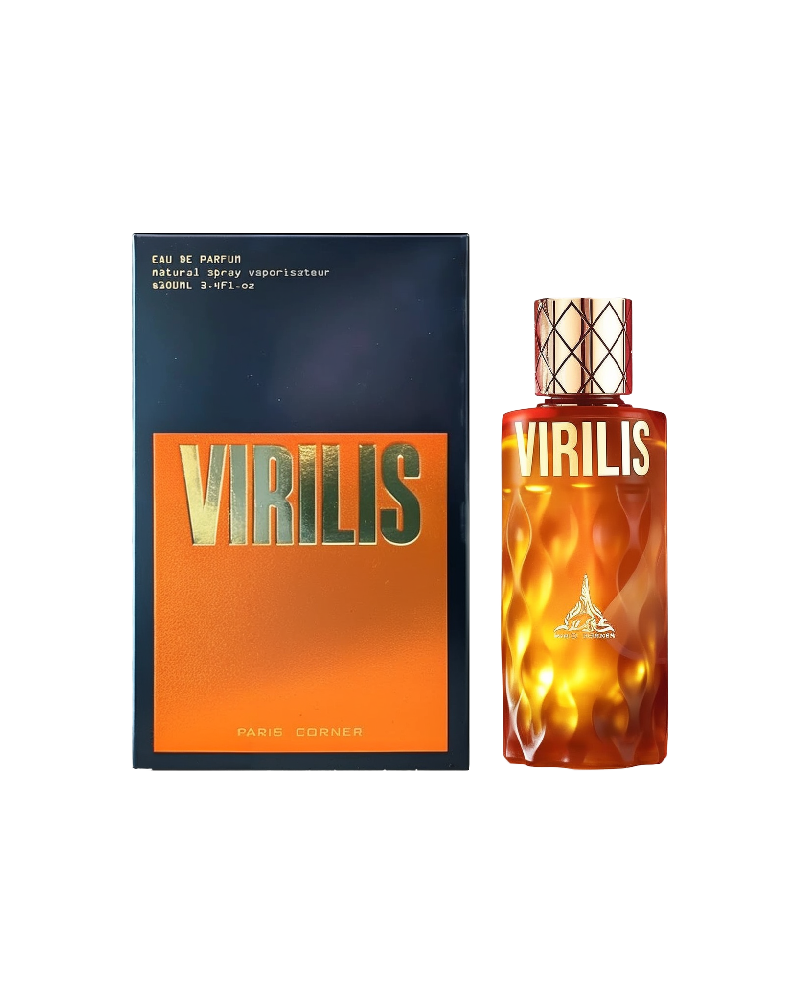 A rectangular black box featuring a large metallic orange panel labeled “VIRILIS” by Paris Corner (Eau De Parfum, 100ml), shown alongside a coordinating amber-toned glass bottle with swirling patterns, a metallic patterned cap, and the same bold “VIRILIS” lettering across the front.