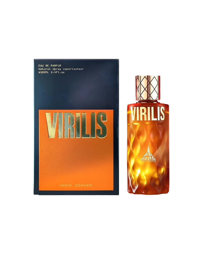 A rectangular black box featuring a large metallic orange panel labeled “VIRILIS” by Paris Corner (Eau De Parfum, 100ml), shown alongside a coordinating amber-toned glass bottle with swirling patterns, a metallic patterned cap, and the same bold “VIRILIS” lettering across the front.