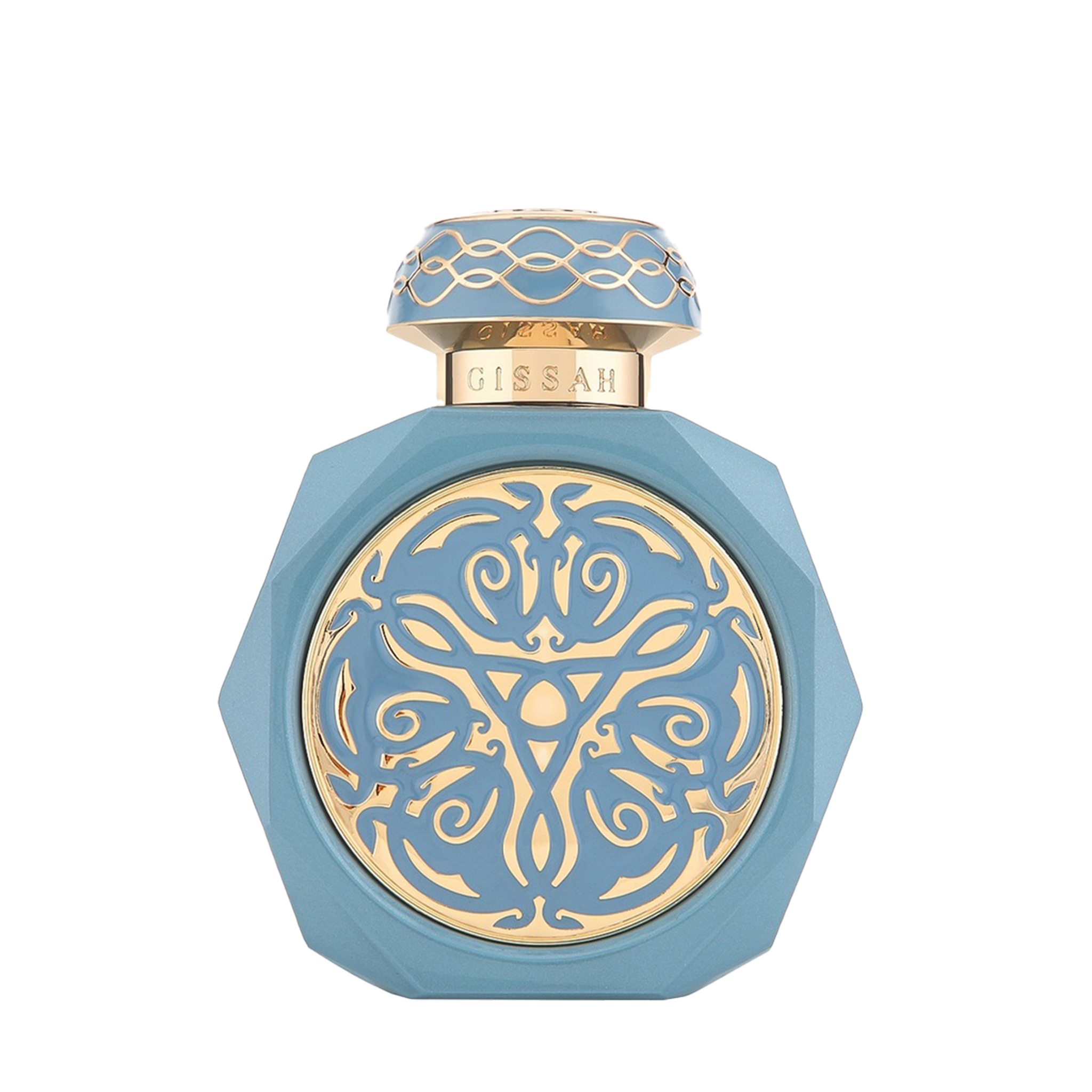 Gissah Vitus perfume in a blue and gold ornate octagonal bottle.