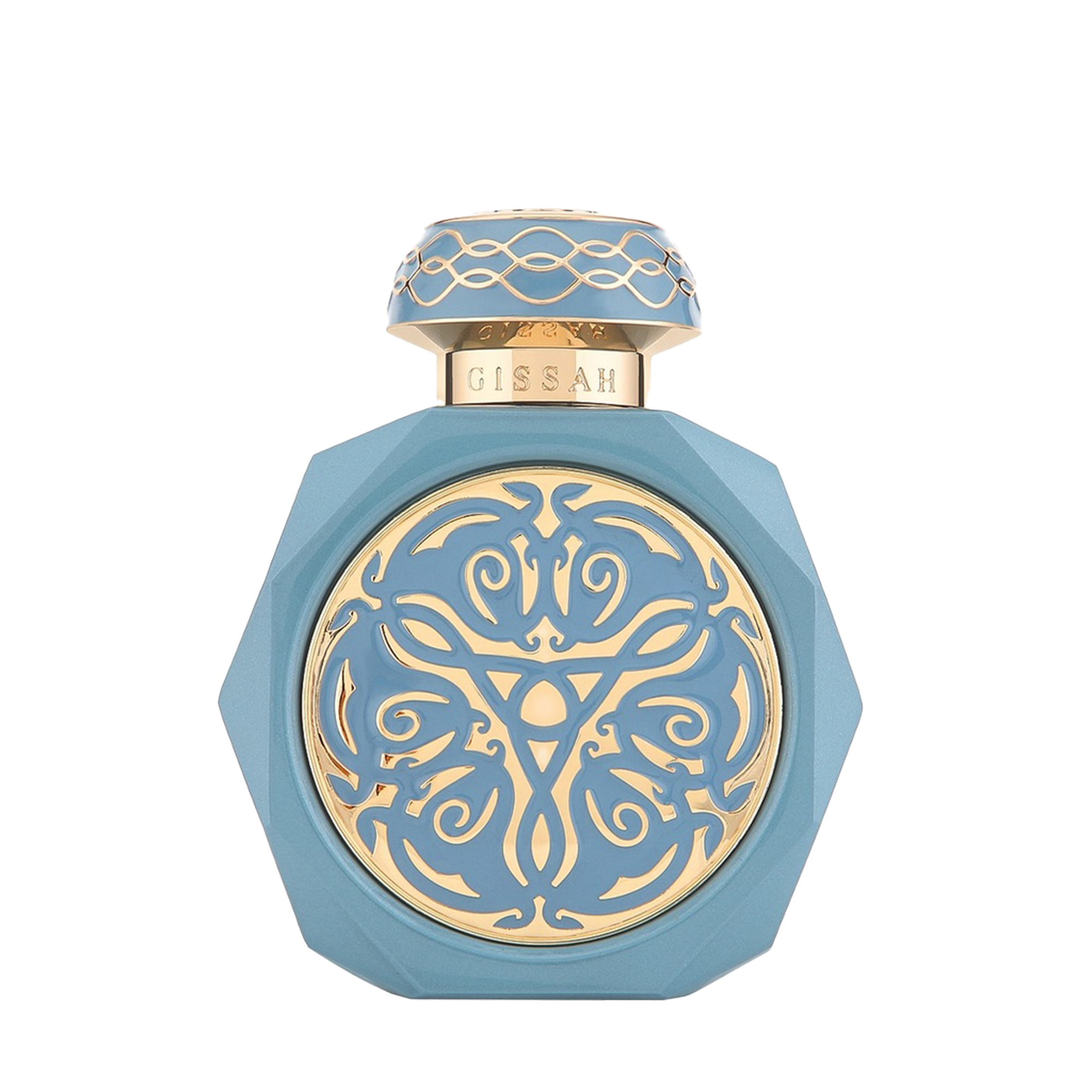 Gissah Vitus perfume in a blue and gold ornate octagonal bottle.