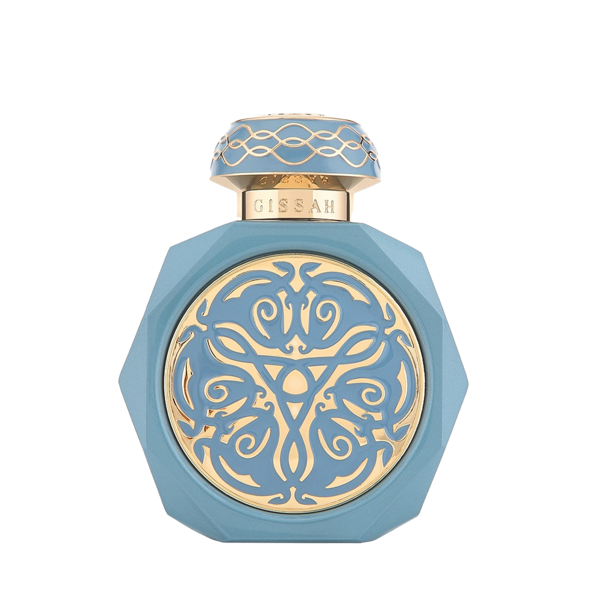 Gissah Vitus perfume in a blue and gold ornate octagonal bottle.