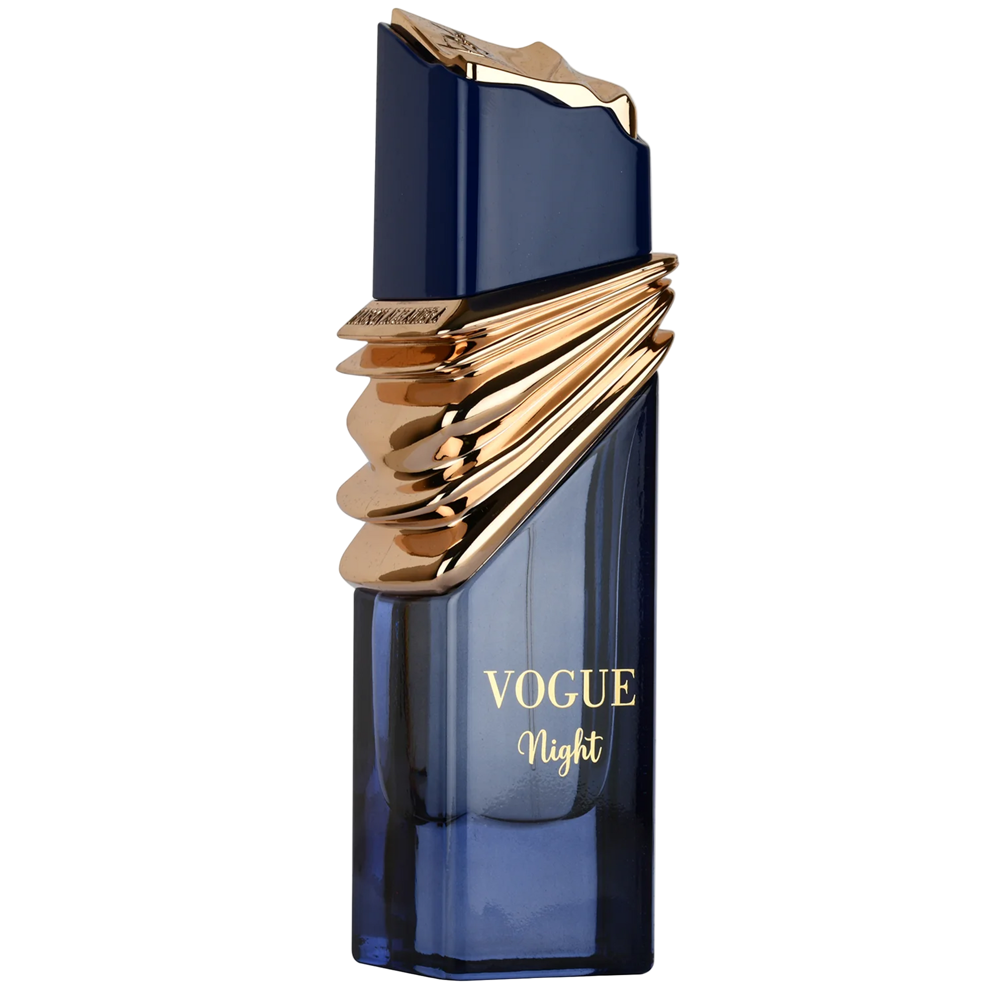 Vogue Night perfume bottle in dark blue glass with sculpted gold detailing and angular cap.