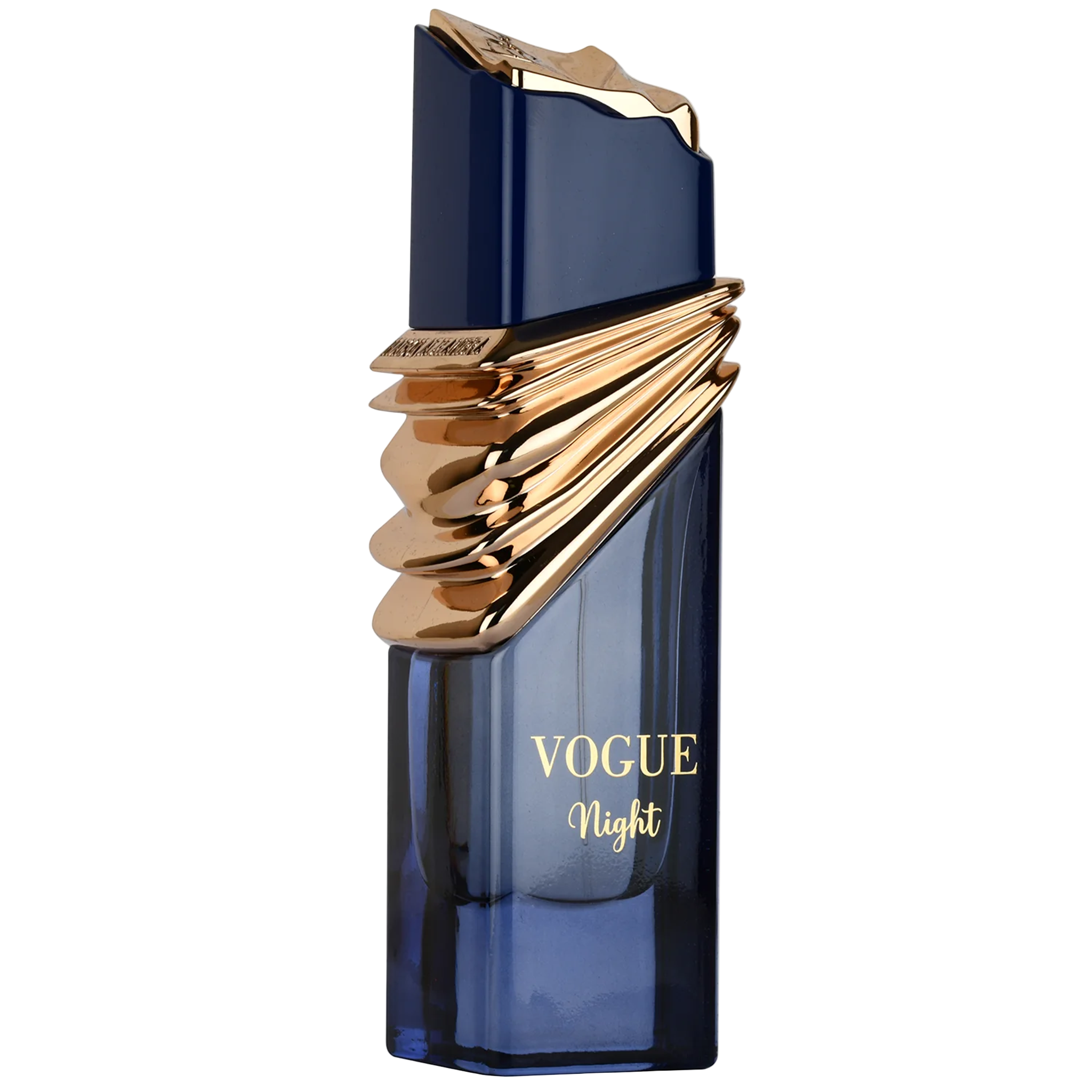 Vogue Night perfume bottle in dark blue glass with sculpted gold detailing and angular cap.