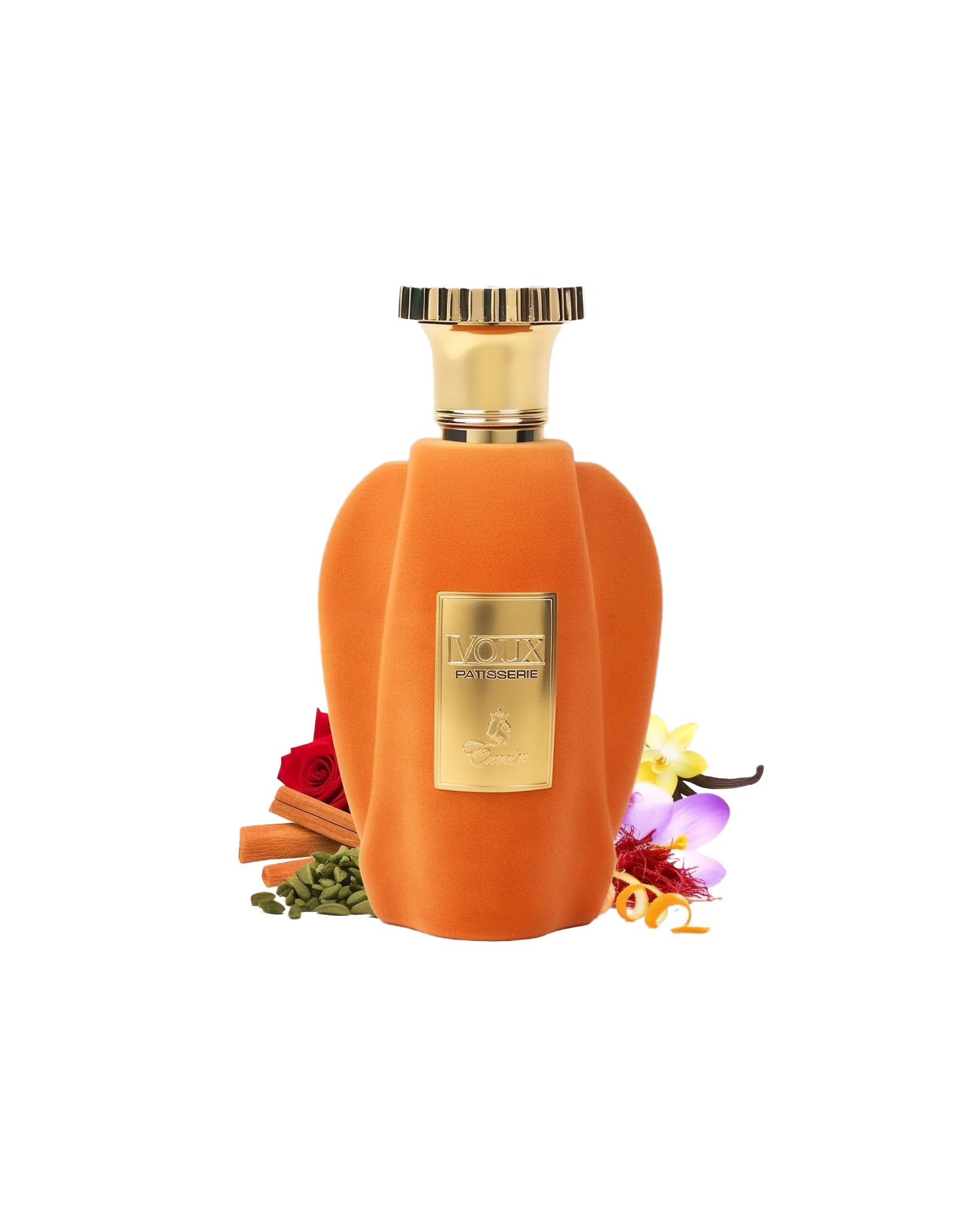 The images feature "Voux Patisserie" Eau De Parfum by Paris Corner. The bottle has a luxurious design with a velvety orange exterior and a prominent gold label that reads "Voux Patisserie." It is topped with a gold, crown-like cap, giving it an elegant an