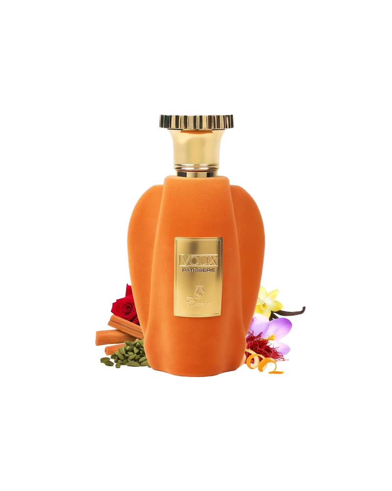 The images feature "Voux Patisserie" Eau De Parfum by Paris Corner. The bottle has a luxurious design with a velvety orange exterior and a prominent gold label that reads "Voux Patisserie." It is topped with a gold, crown-like cap, giving it an elegant an
