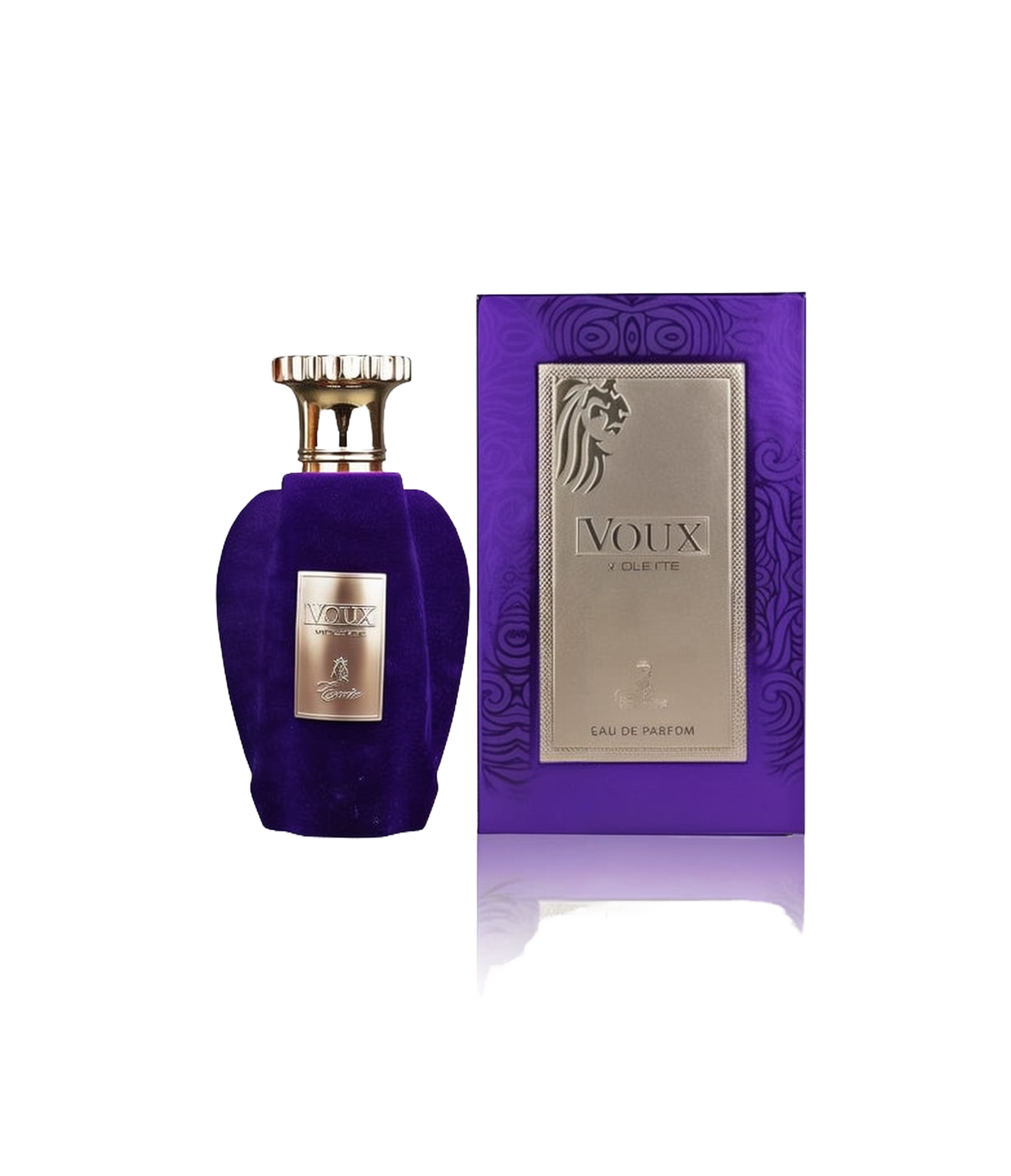 A rectangular purple box with ornate detailing, featuring a gold panel labeled “Voux Violette” by Paris Corner (Eau de Parfum). The matching perfume bottle has a plush purple velvet finish, a gold-toned cap with a decorative edge, and the same “Voux Violette” branding on the front.