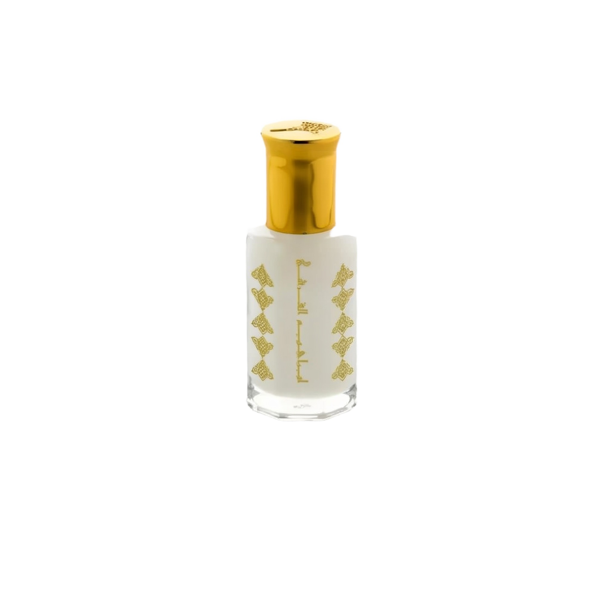 An elegant clear glass perfume bottle with a frosted finish and a shiny golden cap. The bottle is adorned with golden Arabic calligraphy and decorative elements that add to its sophisticated look. The reflection of the bottle is visible on the surface below, suggesting a clean and refined aesthetic.