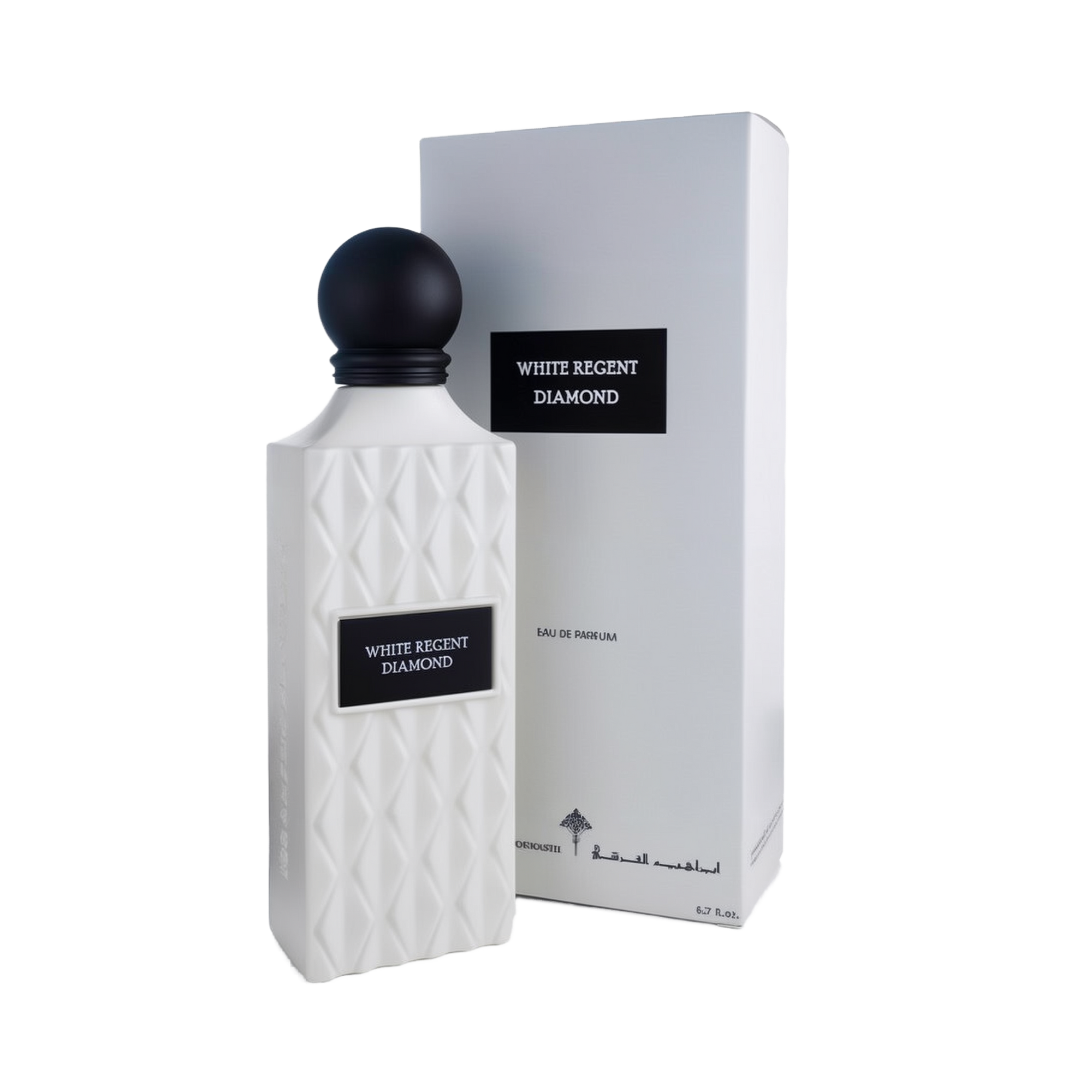 A refined bottle of White Regent Diamond Eau De Parfum by Ibraheem Al-Qurashi, shown next to its matching box. The bottle features a matte white finish with a quilted diamond pattern and a rectangular black label reading 'WHITE REGENT DIAMOND' in white text. It is topped with a smooth, matte black spherical cap. The box mirrors the minimalist white design with a matching black label and understated branding along the bottom.