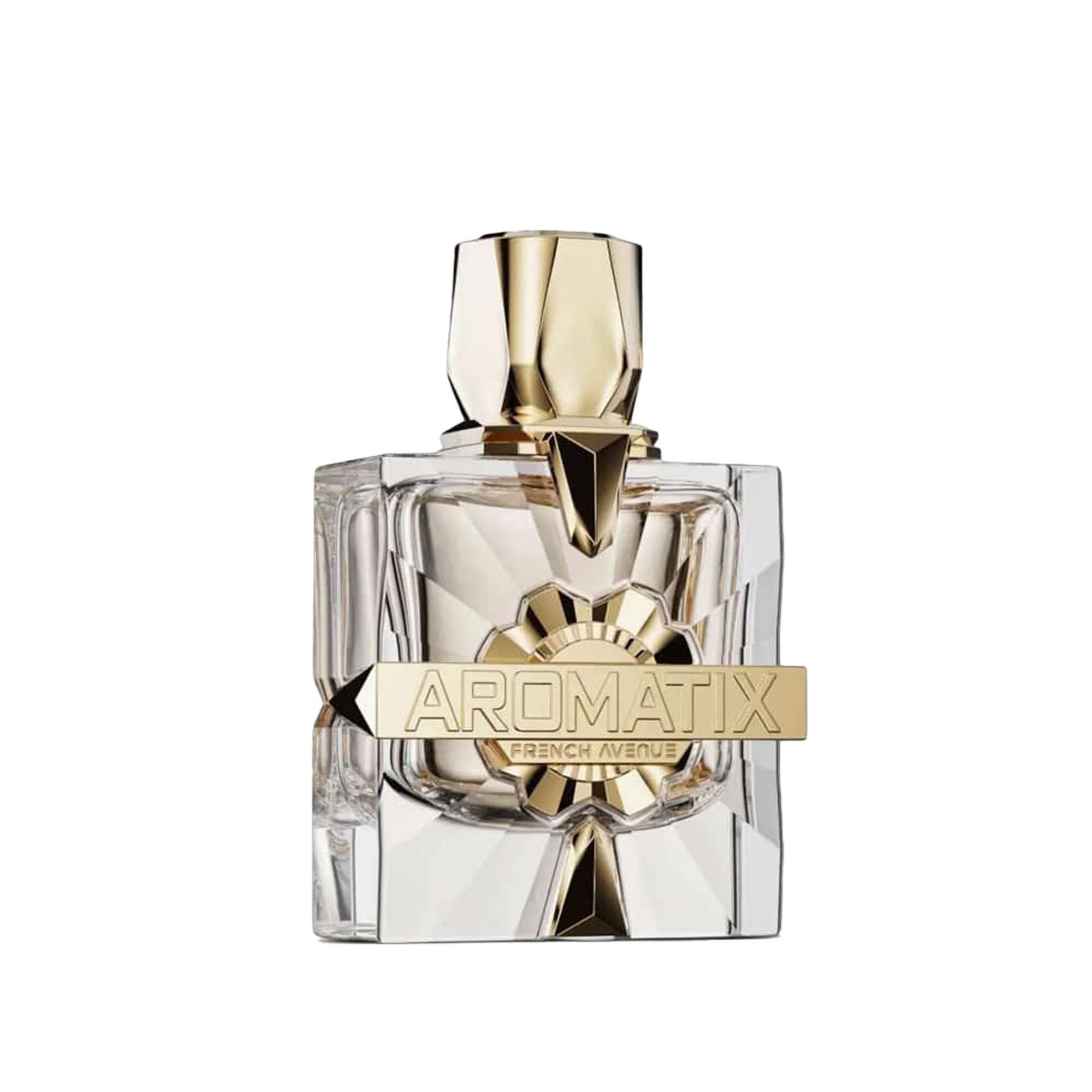 Faceted clear glass perfume bottle with starburst design and gold cap, featuring Aromatix French Avenue engraved plaque.