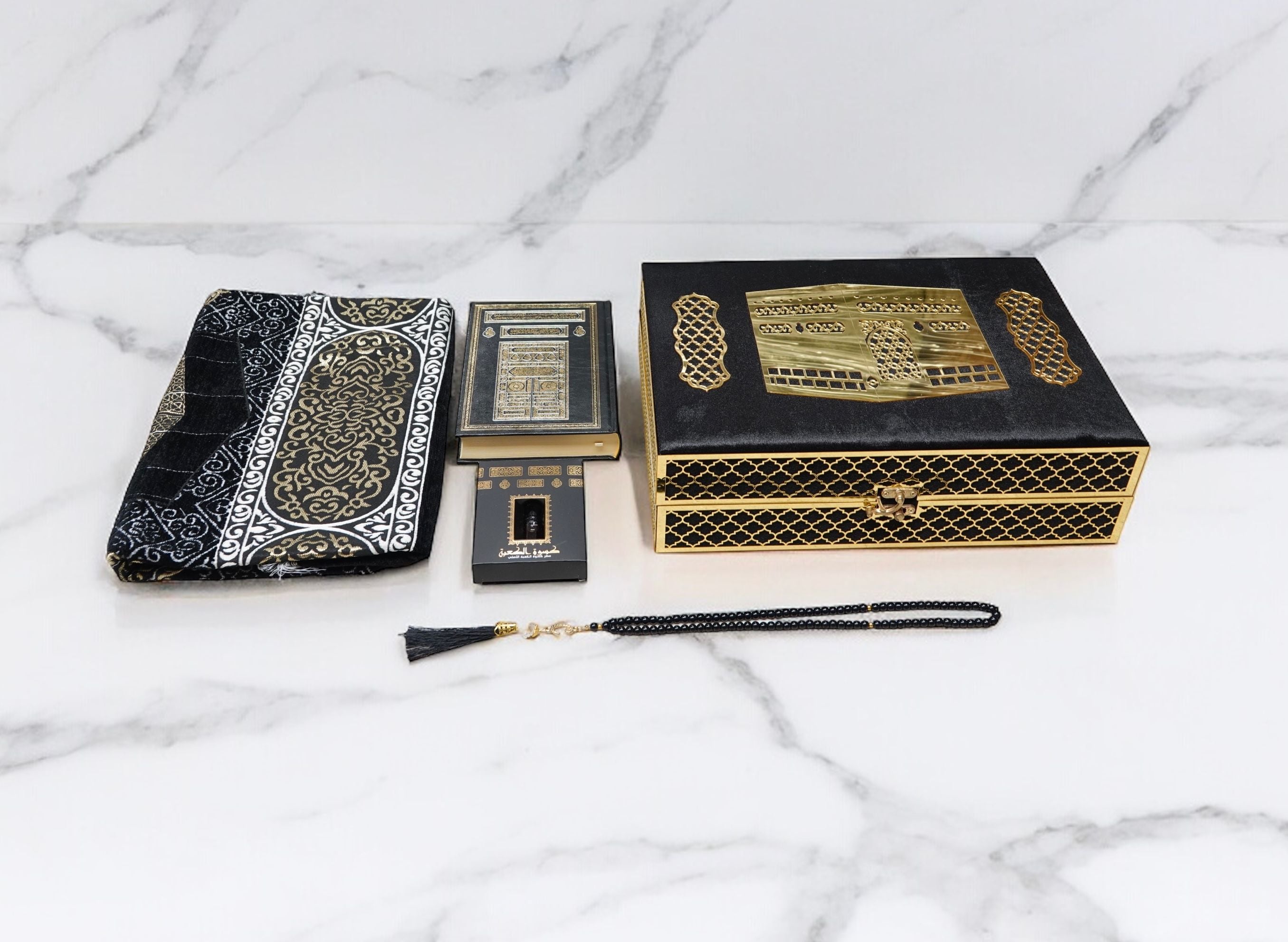 Velvet Quran Box Set 14 x 20cm - Kaaba Design (Quran,Rug, Beads, Perfume)