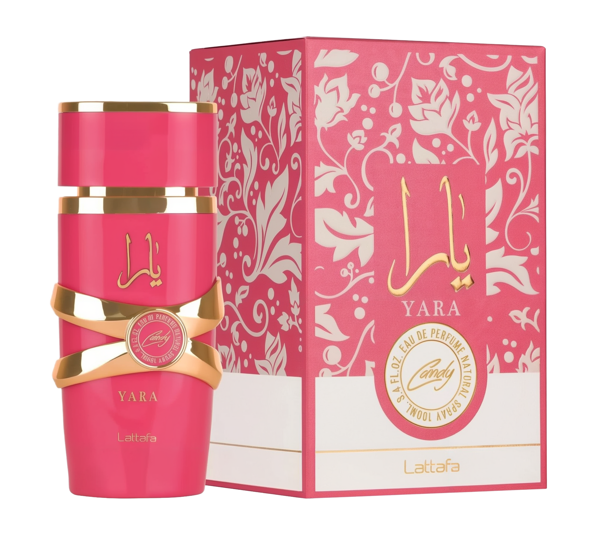 A pink cylindrical perfume bottle with gold accents and the Arabic name “Yara” in gold lettering, displayed alongside its matching pink box adorned with floral patterns and the Lattafa branding.
