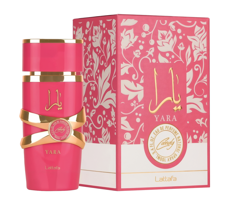 A pink cylindrical perfume bottle with gold accents and the Arabic name “Yara” in gold lettering, displayed alongside its matching pink box adorned with floral patterns and the Lattafa branding.