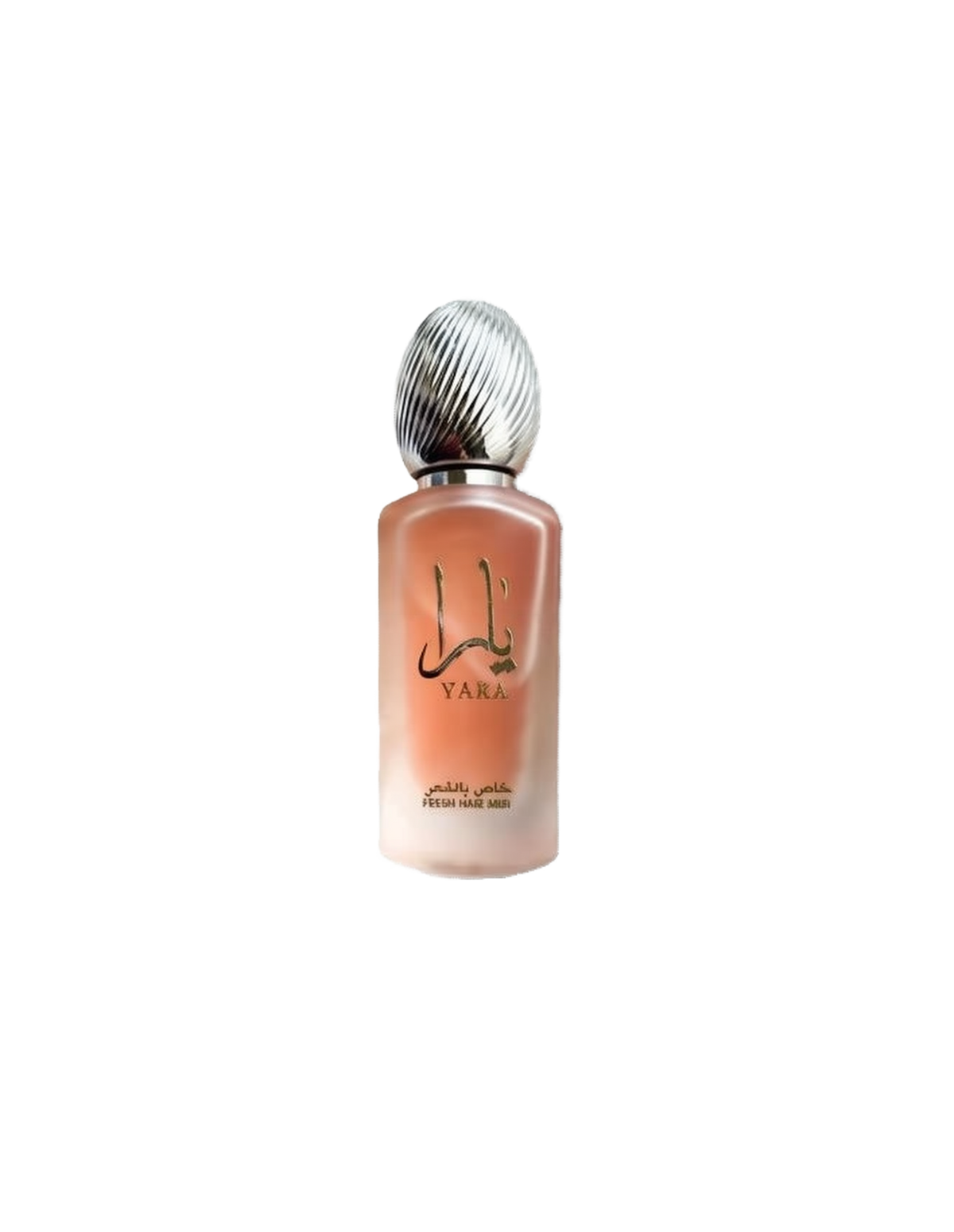 The image shows a frosted glass perfume bottle with a metallic, ribbed cap. The bottle has a soft pink hue and features the label "YARA" in both English and Arabic scripts. Below the brand name, it states "FRESH HAIR MIST" in smaller English lettering, along with Arabic translation. The design of the bottle suggests a delicate and feminine hair fragrance product.