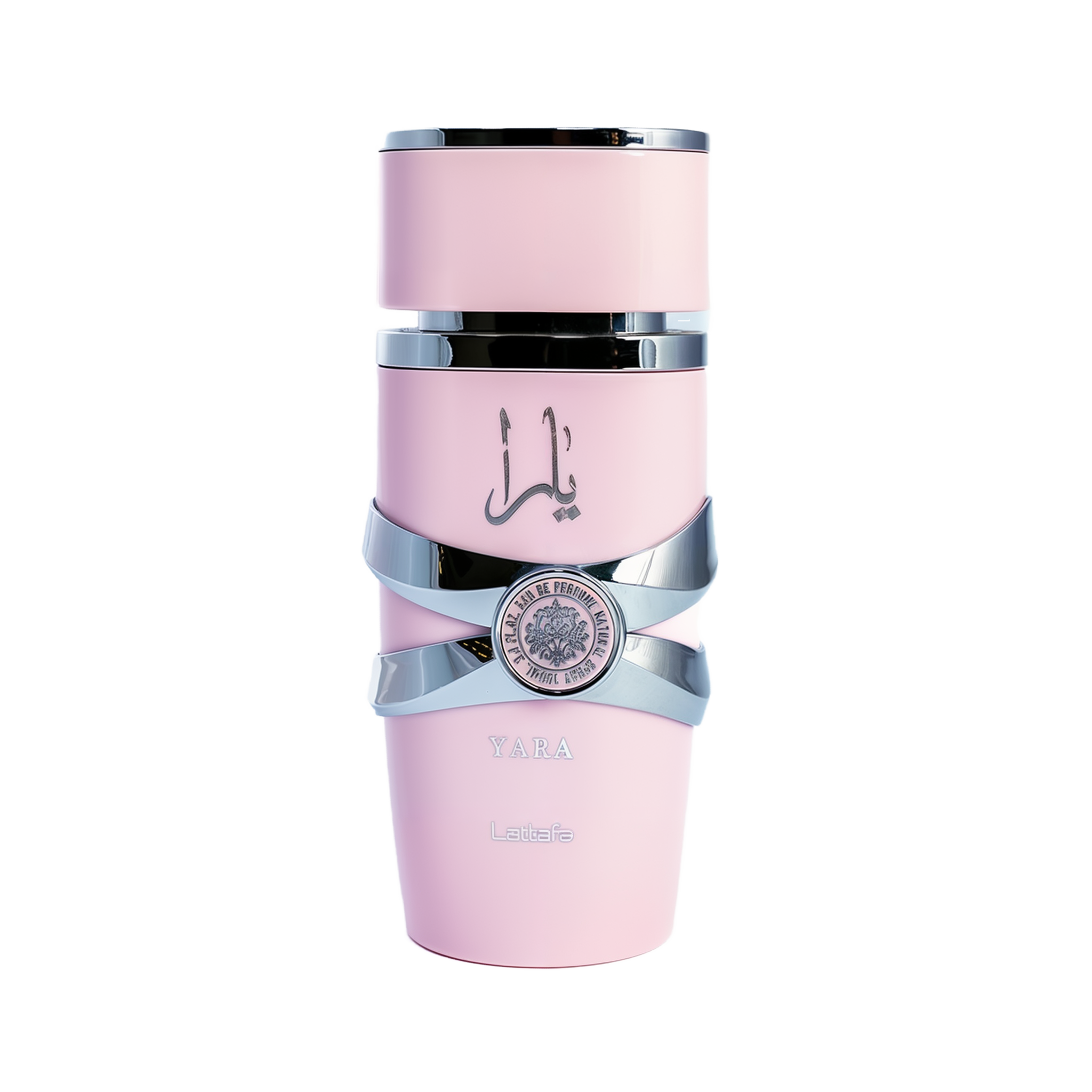 This image depicts a cylindrical, pale pink perfume bottle with the name "YARA" from the brand Lattafa. The bottle has a unique stacked design with silver bands wrapping around it, giving the appearance of three separate sections. The upper and lower sections are matte pink, while the middle section is glossy black, providing a striking contrast. A silver emblem with intricate detailing is centered on the middle band. The Arabic script, likely the name "YARA," is printed in black on the upper pink section.