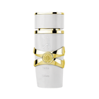 This image displays a cylindrical perfume bottle for "YARA" by Lattafa. The bottle has a matte white finish with glossy white caps at both ends. It features a striking gold band in the middle, styled to have a ribbon-like appearance, and a round gold embl