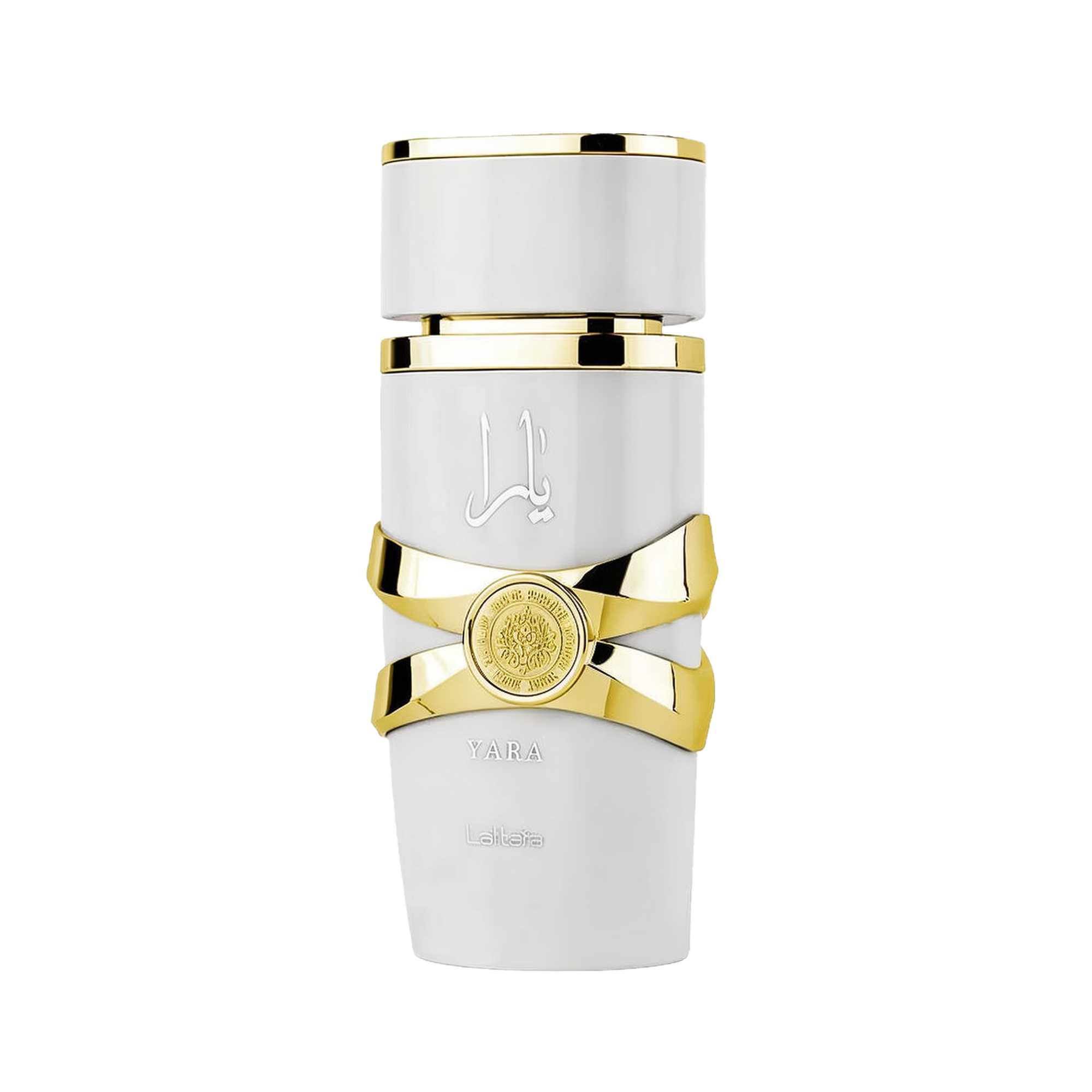 This image displays a cylindrical perfume bottle for "YARA" by Lattafa. The bottle has a matte white finish with glossy white caps at both ends. It features a striking gold band in the middle, styled to have a ribbon-like appearance, and a round gold embl