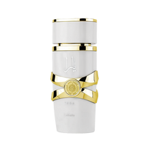 This image displays a cylindrical perfume bottle for "YARA" by Lattafa. The bottle has a matte white finish with glossy white caps at both ends. It features a striking gold band in the middle, styled to have a ribbon-like appearance, and a round gold embl