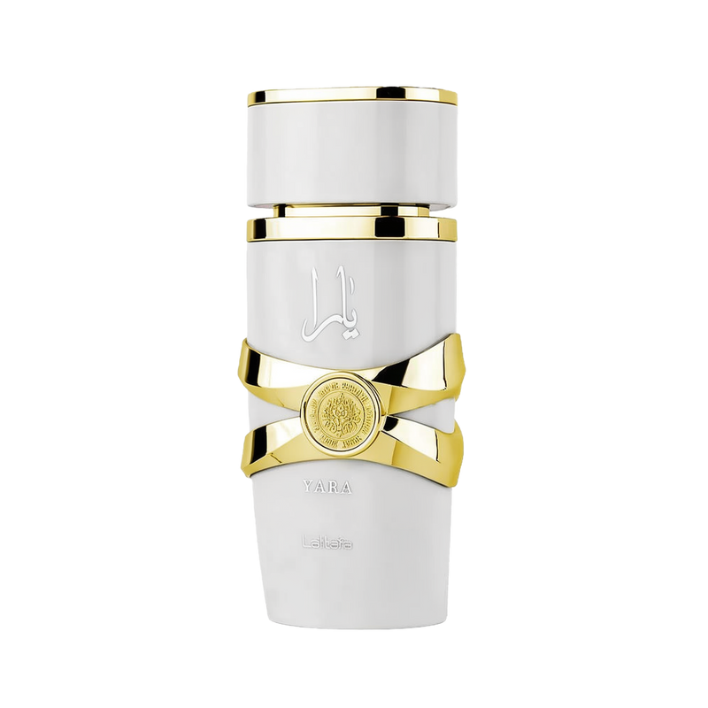 This image displays a cylindrical perfume bottle for "YARA" by Lattafa. The bottle has a matte white finish with glossy white caps at both ends. It features a striking gold band in the middle, styled to have a ribbon-like appearance, and a round gold embl