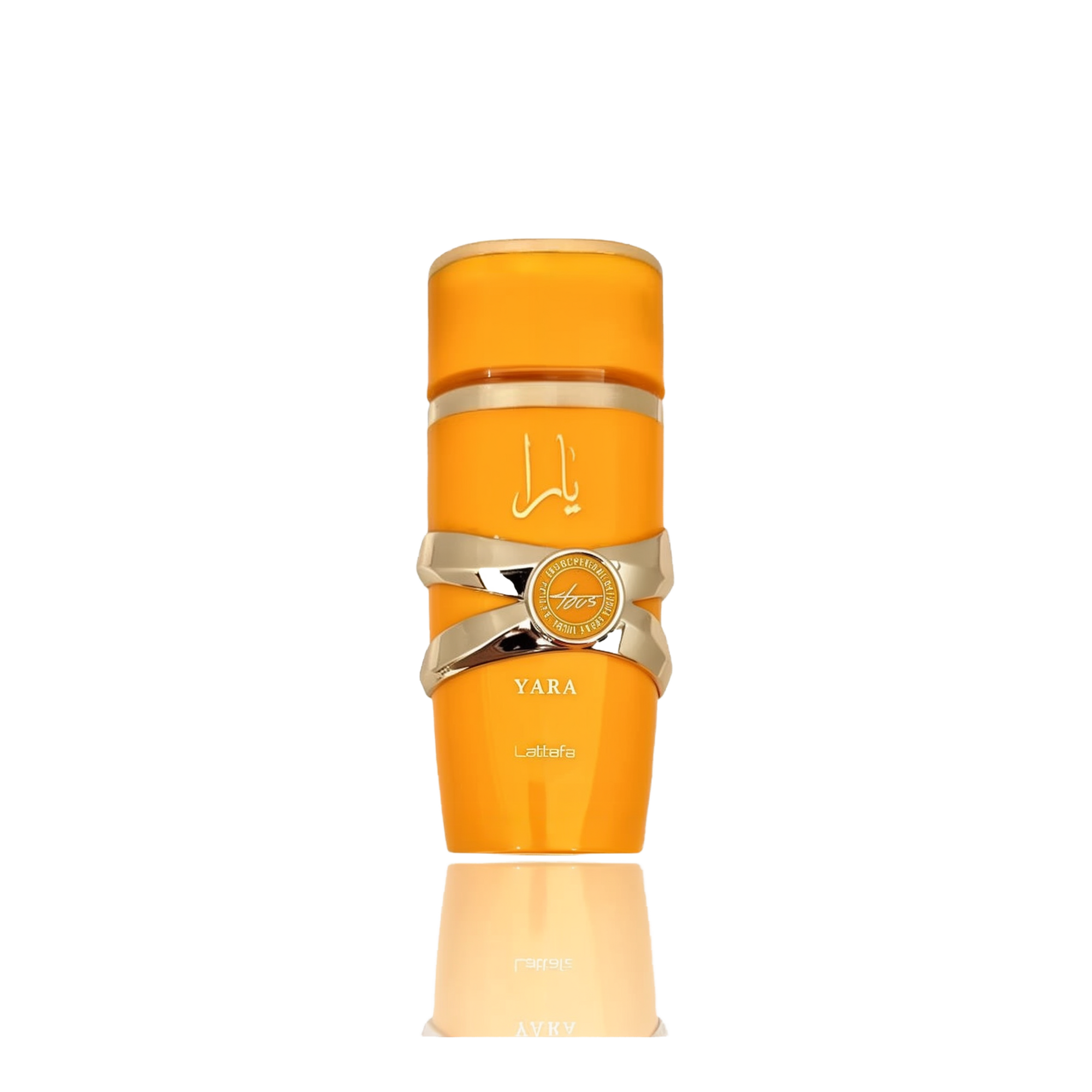This image features a bright orange cylindrical perfume bottle with the name "YARA" from the brand Lattafa. The design is distinguished by a gold ribbon-like band wrapped around the center, with a circular emblem featuring text that may denote "EAU DE PARFUM NATURAL SPRAY". The Arabic script for "YARA" is placed above the gold band. The bottle has a glossy finish and is presented against a gradient background that fades from white at the top to a light reflection of the bottle at the base.