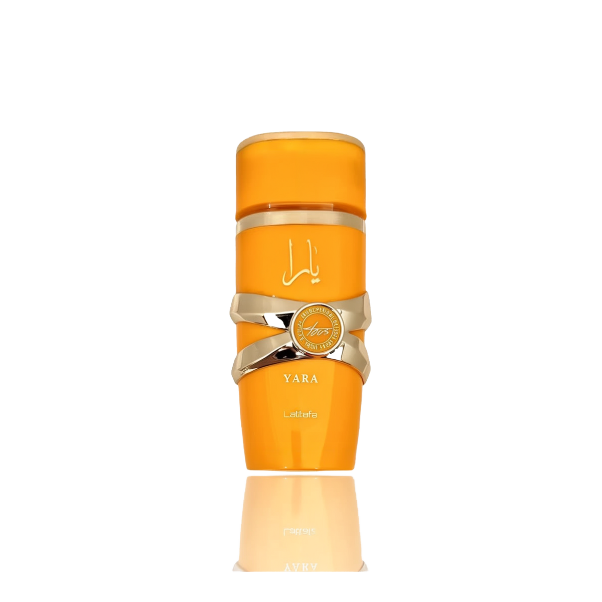 This image features a bright orange cylindrical perfume bottle with the name "YARA" from the brand Lattafa. The design is distinguished by a gold ribbon-like band wrapped around the center, with a circular emblem featuring text that may denote "EAU DE PARFUM NATURAL SPRAY". The Arabic script for "YARA" is placed above the gold band. The bottle has a glossy finish and is presented against a gradient background that fades from white at the top to a light reflection of the bottle at the base.