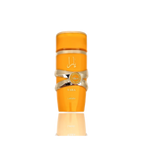 This image features a bright orange cylindrical perfume bottle with the name "YARA" from the brand Lattafa. The design is distinguished by a gold ribbon-like band wrapped around the center, with a circular emblem featuring text that may denote "EAU DE PARFUM NATURAL SPRAY". The Arabic script for "YARA" is placed above the gold band. The bottle has a glossy finish and is presented against a gradient background that fades from white at the top to a light reflection of the bottle at the base.